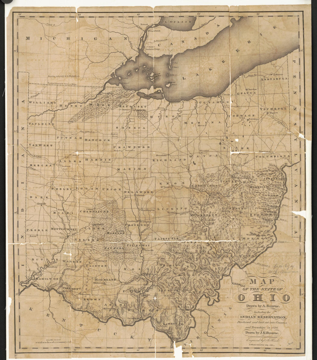 This old map of Map of the State of Ohio from 1820 was created by American Antiquarian Society, Alexander Bourne, John Kilbourn, Abner Reed in 1820