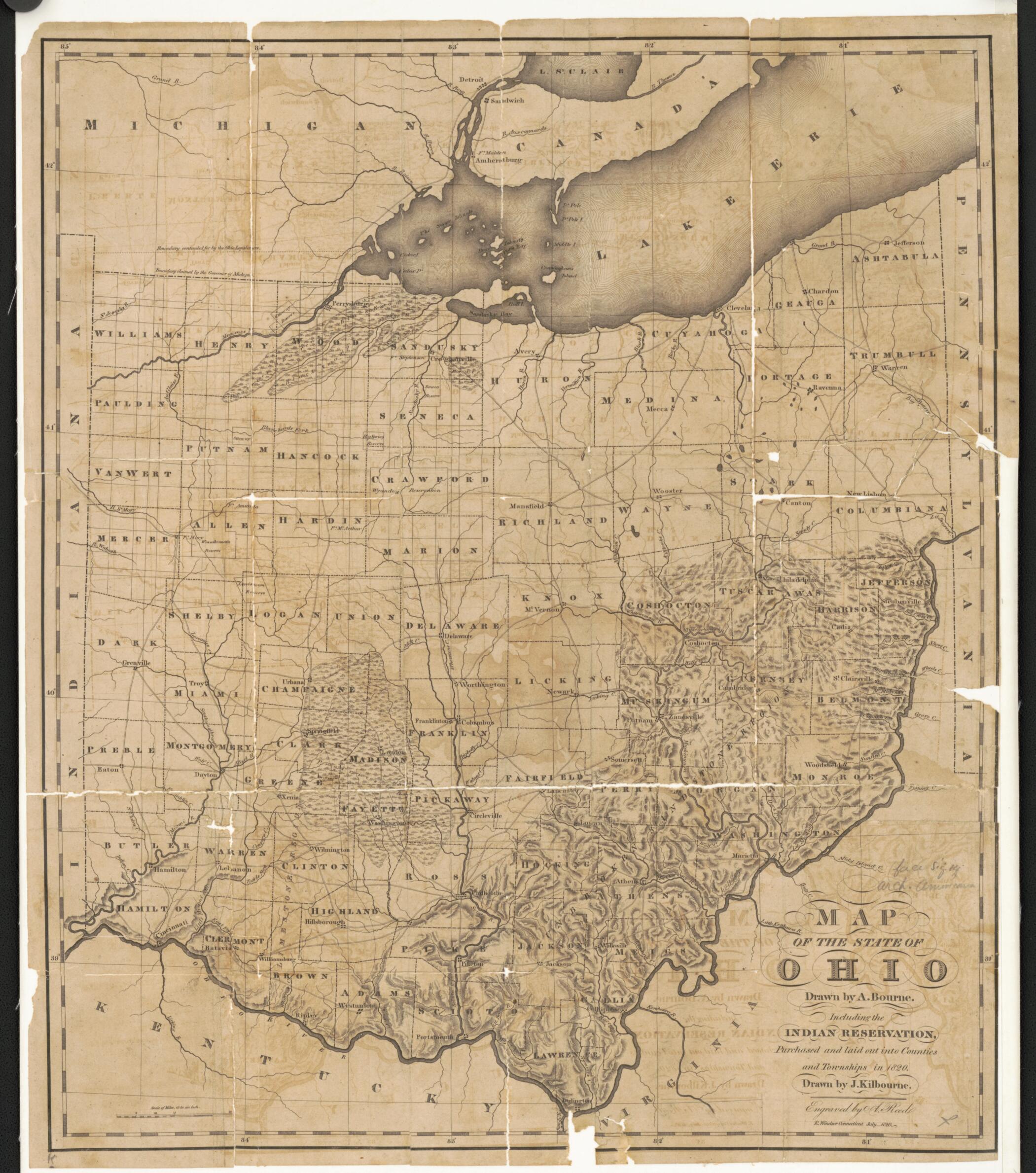 This old map of Map of the State of Ohio from 1820 was created by American Antiquarian Society, Alexander Bourne, John Kilbourn, Abner Reed in 1820