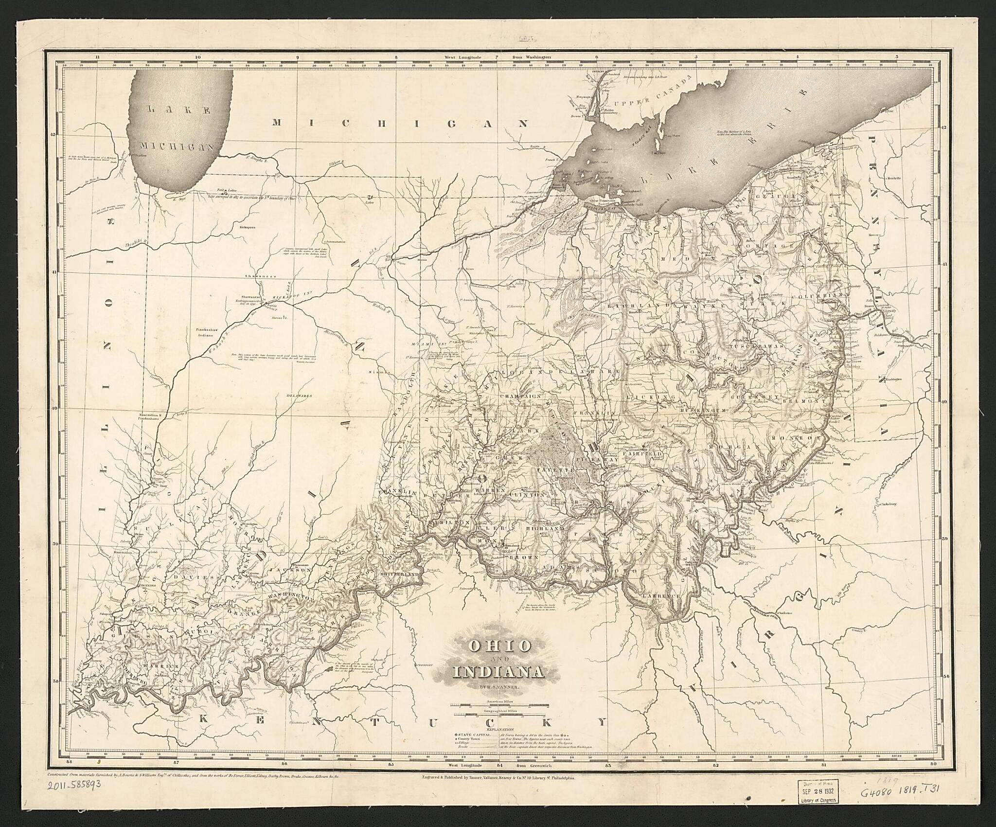 This old map of Ohio and Indiana from 1819 was created by Henry Schenck Tanner in 1819