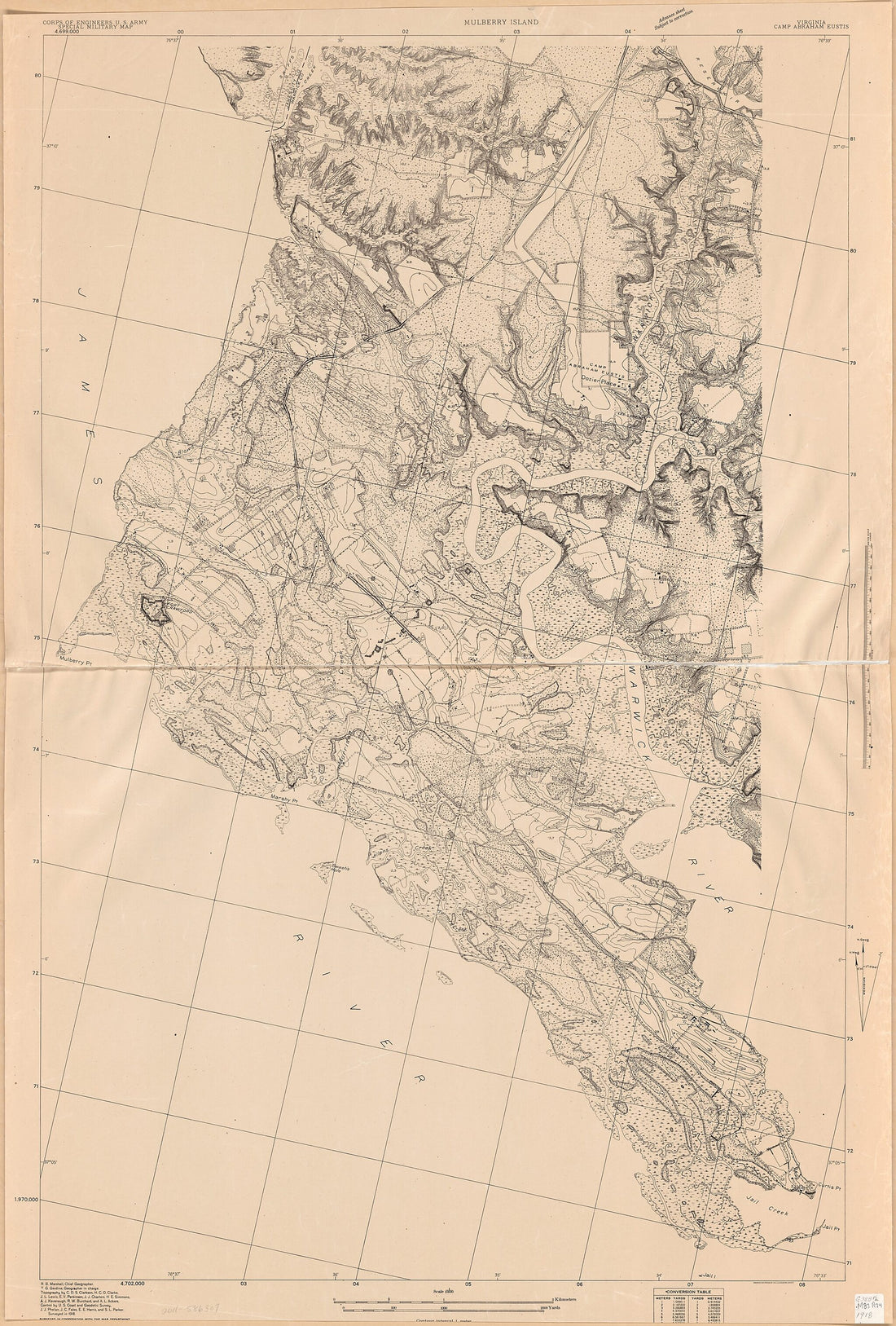 This old map of Mulberry Island, Virginia, Camp Abraham Eustis : Special Military Map (Camp Abraham Eustis, Virginia, Camp Abraham Eustis, Special Military Map, Mulberry Island, Virginia, Camp Abraham Eustis) from 1918 was created by C. D. S. Clarkson,