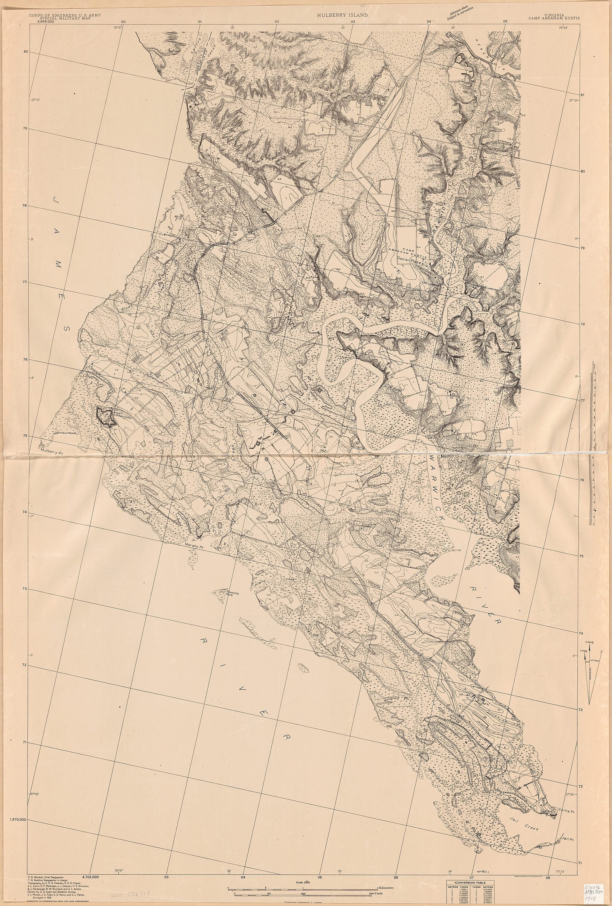 This old map of Mulberry Island, Virginia, Camp Abraham Eustis : Special Military Map (Camp Abraham Eustis, Virginia, Camp Abraham Eustis, Special Military Map, Mulberry Island, Virginia, Camp Abraham Eustis) from 1918 was created by C. D. S. Clarkson,
