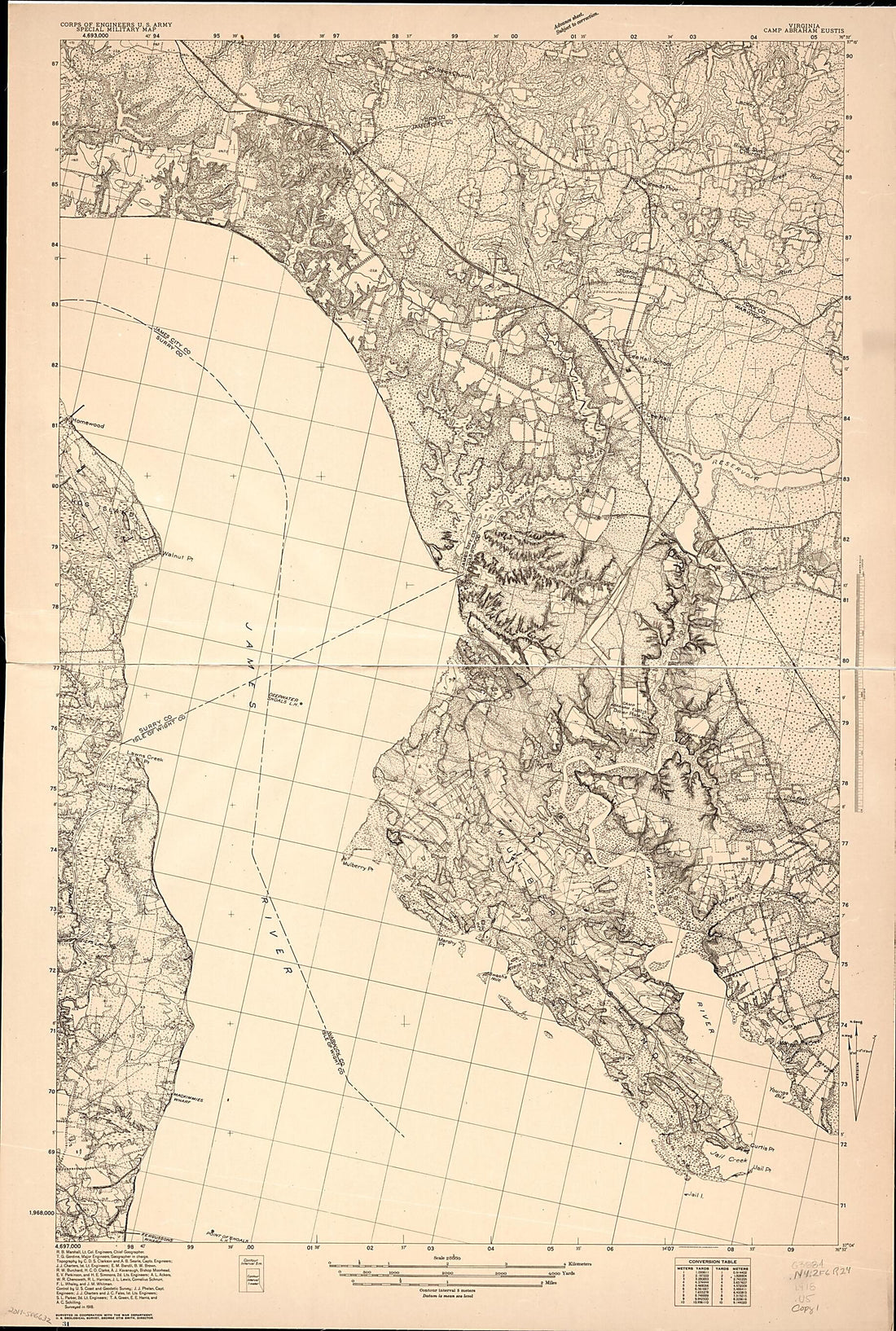 This old map of Virginia, Camp Abraham Eustis : Special Military Map (Camp Abraham Eustis, Special Military Map, Virginia, Camp Abraham Eustis) from 1918 was created by C. D. S. Clarkson, Geological Survey (U.S.), T. G. (Thomas Golding) Gerdine, R. B. (