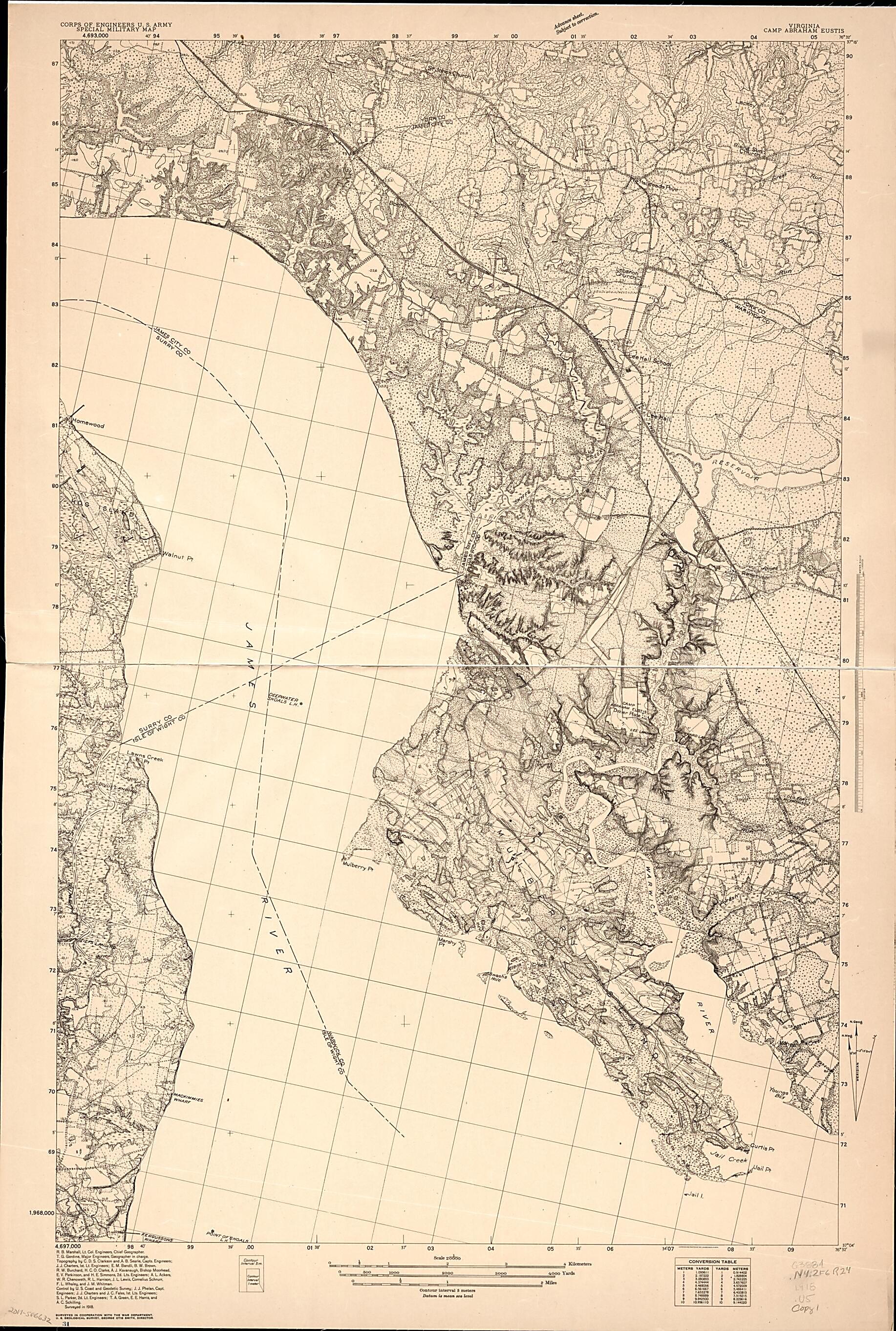 This old map of Virginia, Camp Abraham Eustis : Special Military Map (Camp Abraham Eustis, Special Military Map, Virginia, Camp Abraham Eustis) from 1918 was created by C. D. S. Clarkson, Geological Survey (U.S.), T. G. (Thomas Golding) Gerdine, R. B. (
