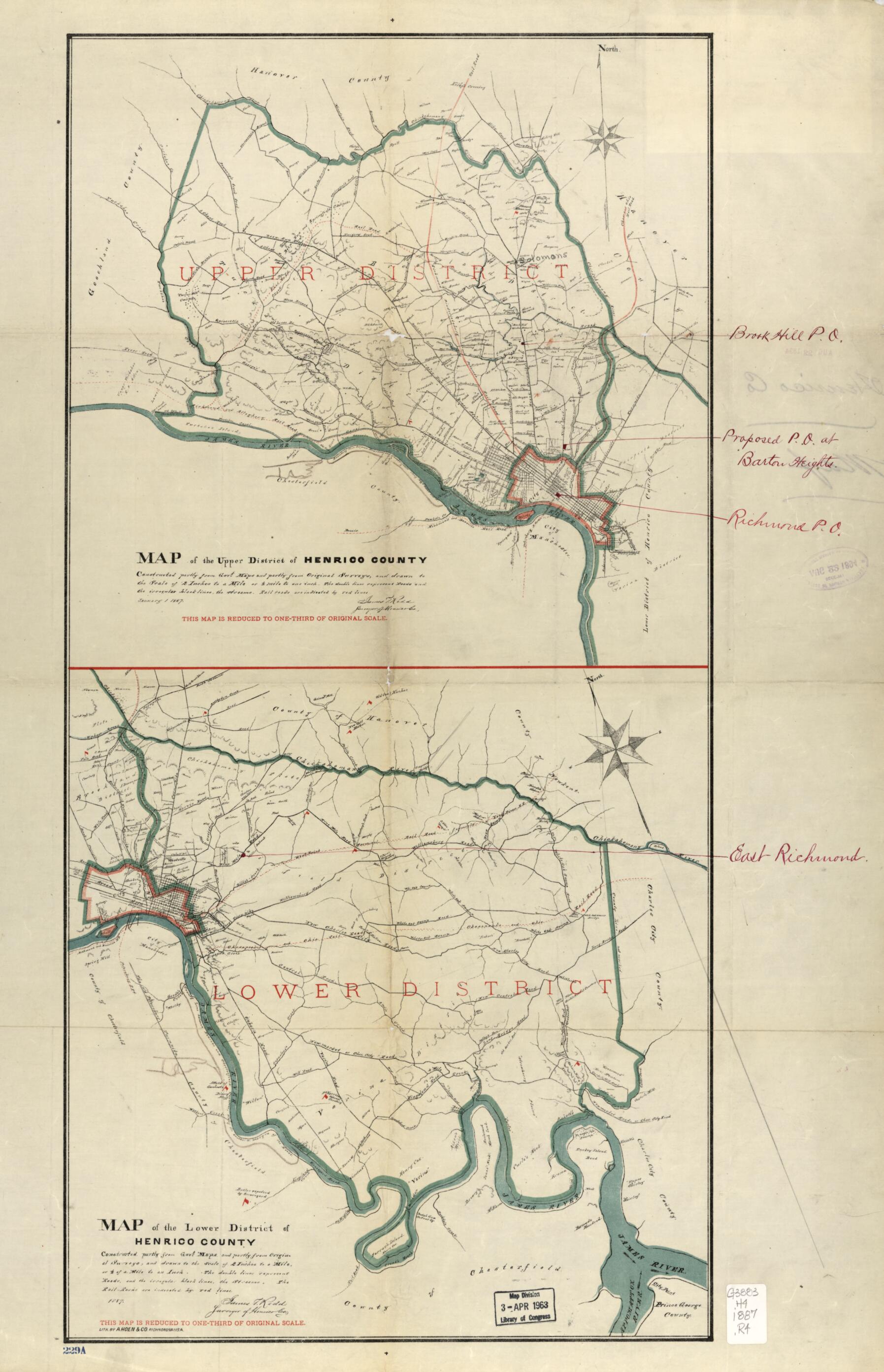This old map of Map of the Upper District of Henrico County ; Map of the Lower District of Henrico County from 1887 was created by A. Hoen & Co, James T. Redd in 1887
