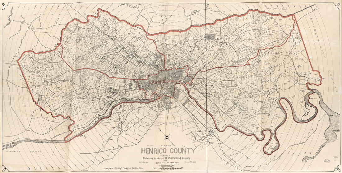 This old map of Map of Henrico County, Virginia : Showing Portions of Chesterfield County Also City of Richmond from 1911 was created by T. Crawford Redd & Brother in 1911
