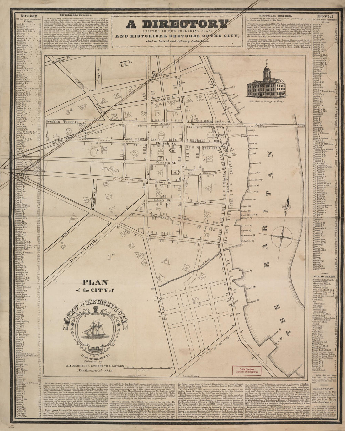 This old map of Brunswick : from Actual Survey (A Directory Adapted to the Following Plan and Historical Sketch of the City, and Its Sacred and Literary Institutions) from 1829 was created by J. M. Roberts, Terhune & Letson in 1829