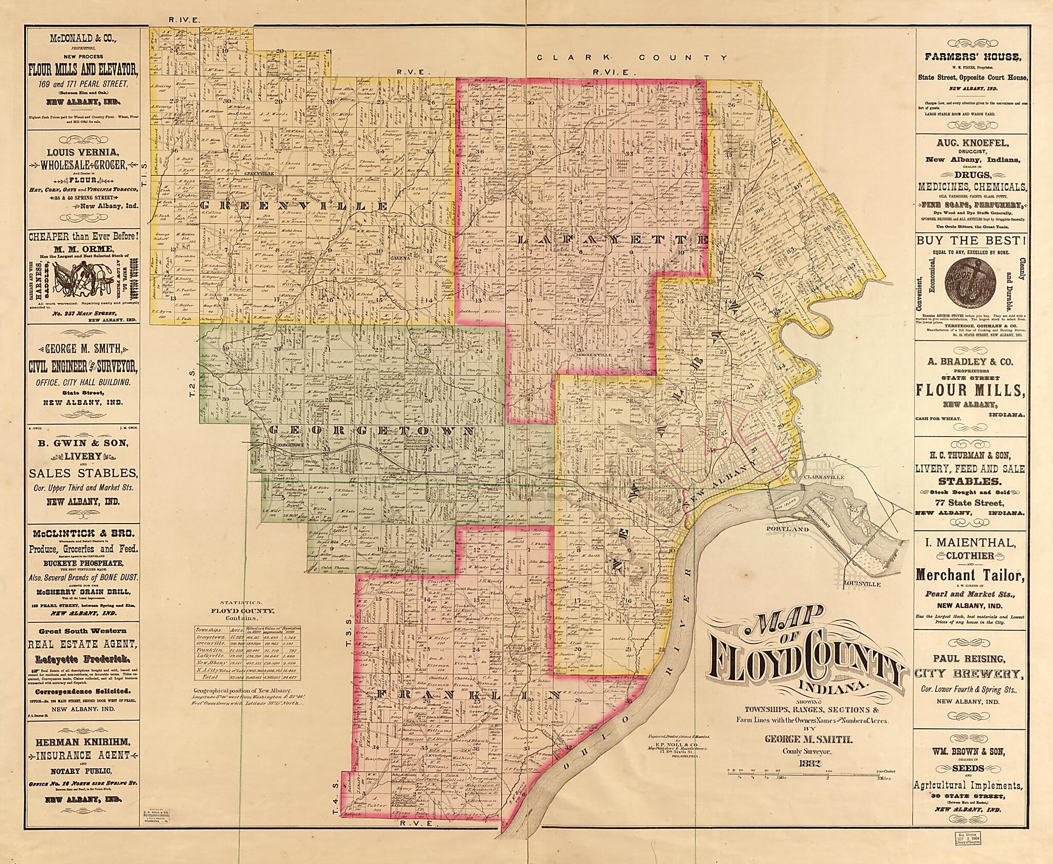 This old map of Map of Floyd County, Indiana : Showing Townships, Ranges, Sections & Farm Lines With the Owners Names and Number of Acres from 1882 was created by George M. Smith in 1882
