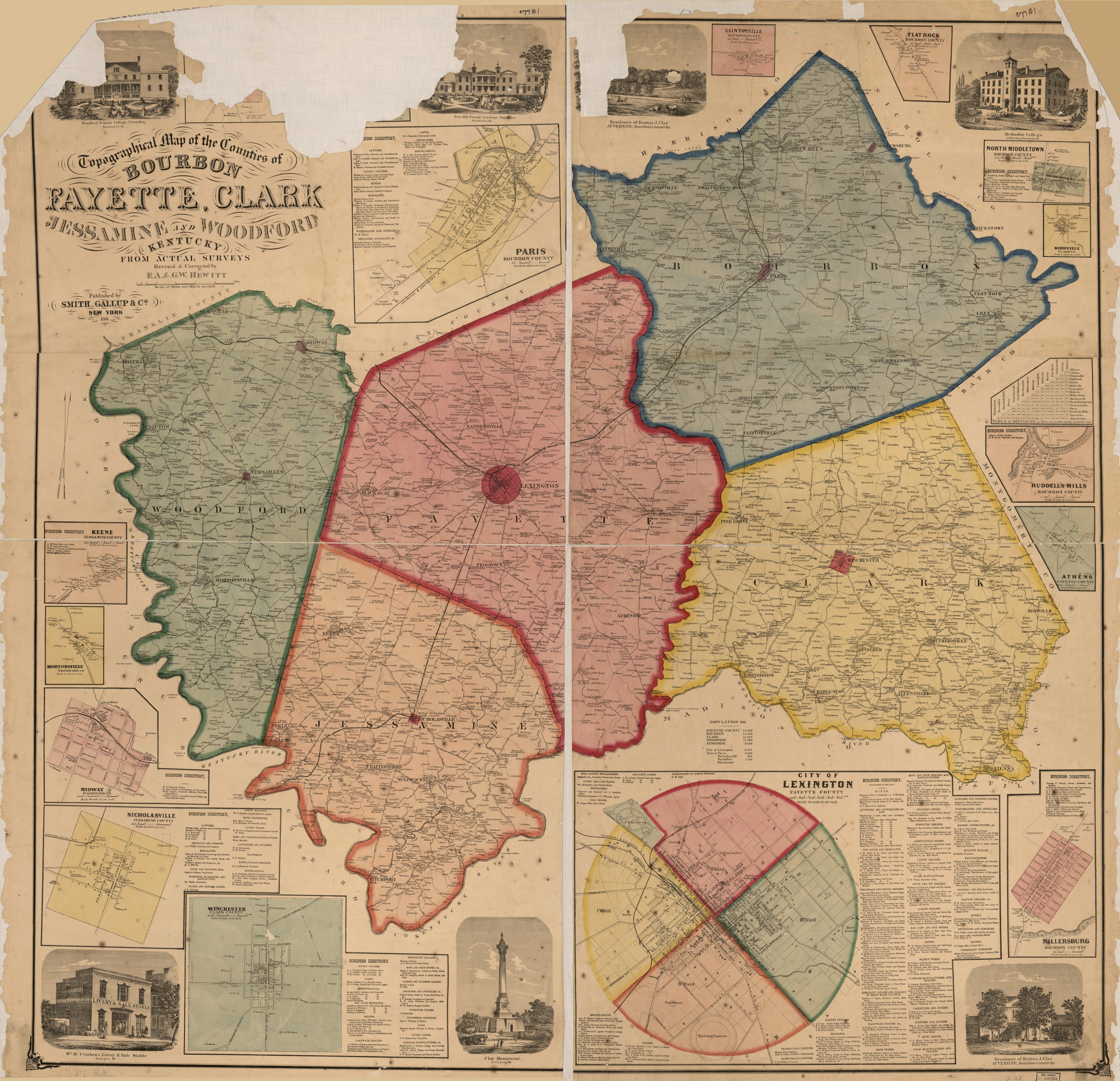 This old map of Topographical Map of the Counties of Bourbon, Fayette, Clark, Jessamine, and Woodford, Kentucky from Actual Surveys from 1861 was created by E. A. (Earl Albon) Hewitt, George Washington Hewitt in 1861