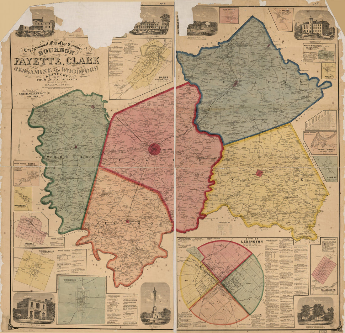 This old map of Topographical Map of the Counties of Bourbon, Fayette, Clark, Jessamine, and Woodford, Kentucky from Actual Surveys from 1861 was created by E. A. (Earl Albon) Hewitt, George Washington Hewitt in 1861