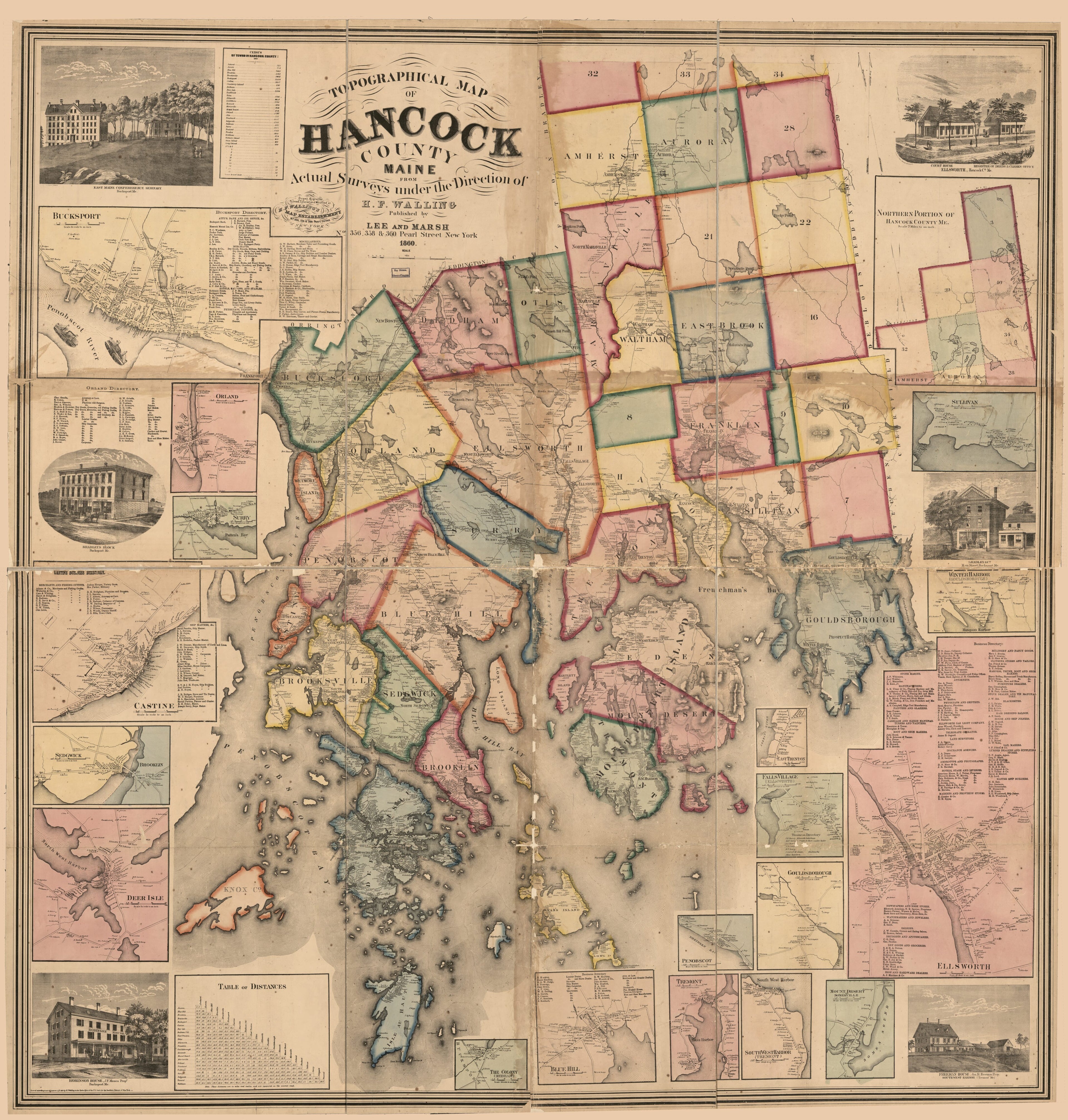 This old map of Topographical Map of Hancock County, Maine from 1860 was created by H.F. Walling&