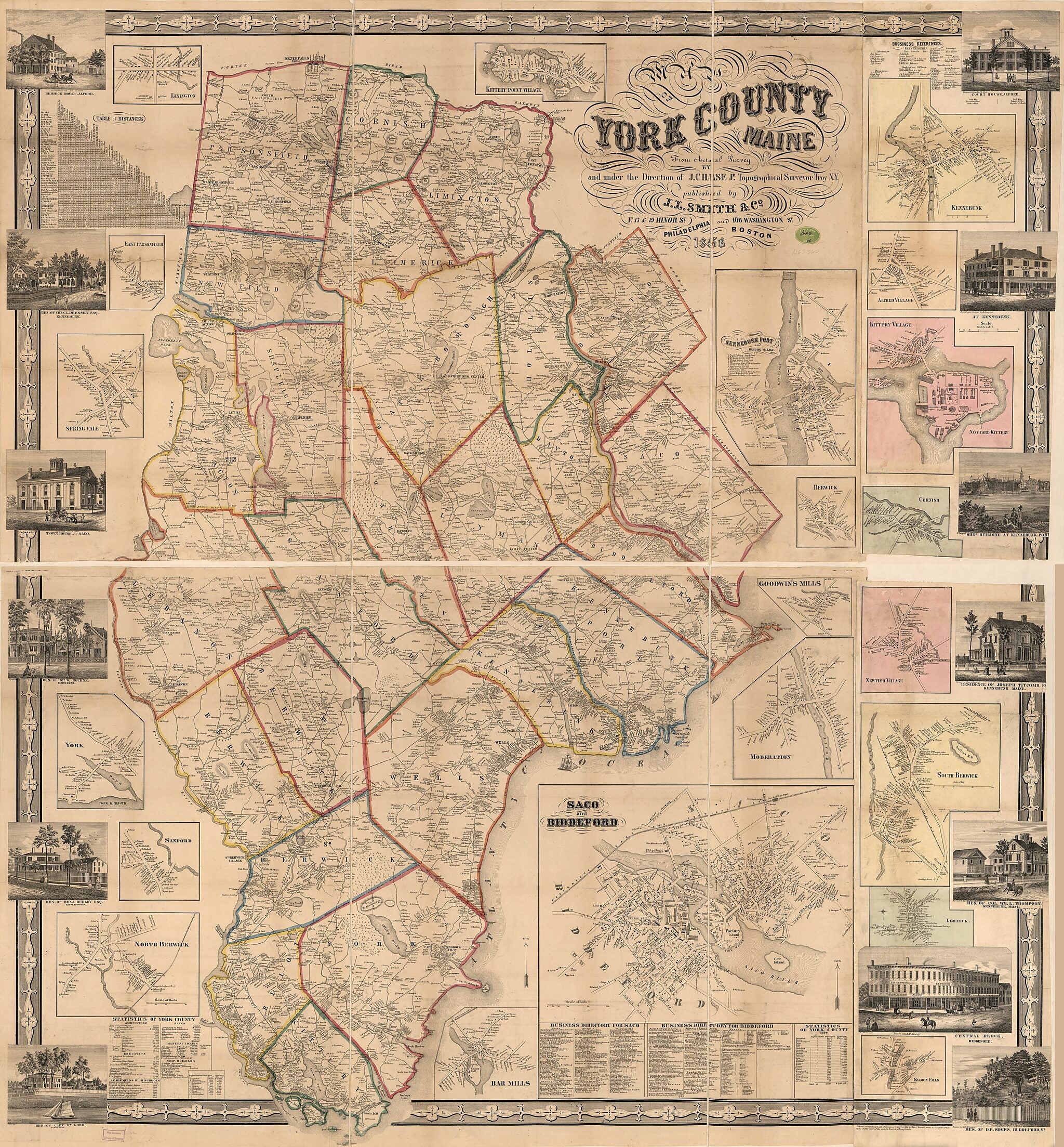 This old map of Map of York County, Maine from 1856 was created by J. Chase, J.L. Smith Co in 1856