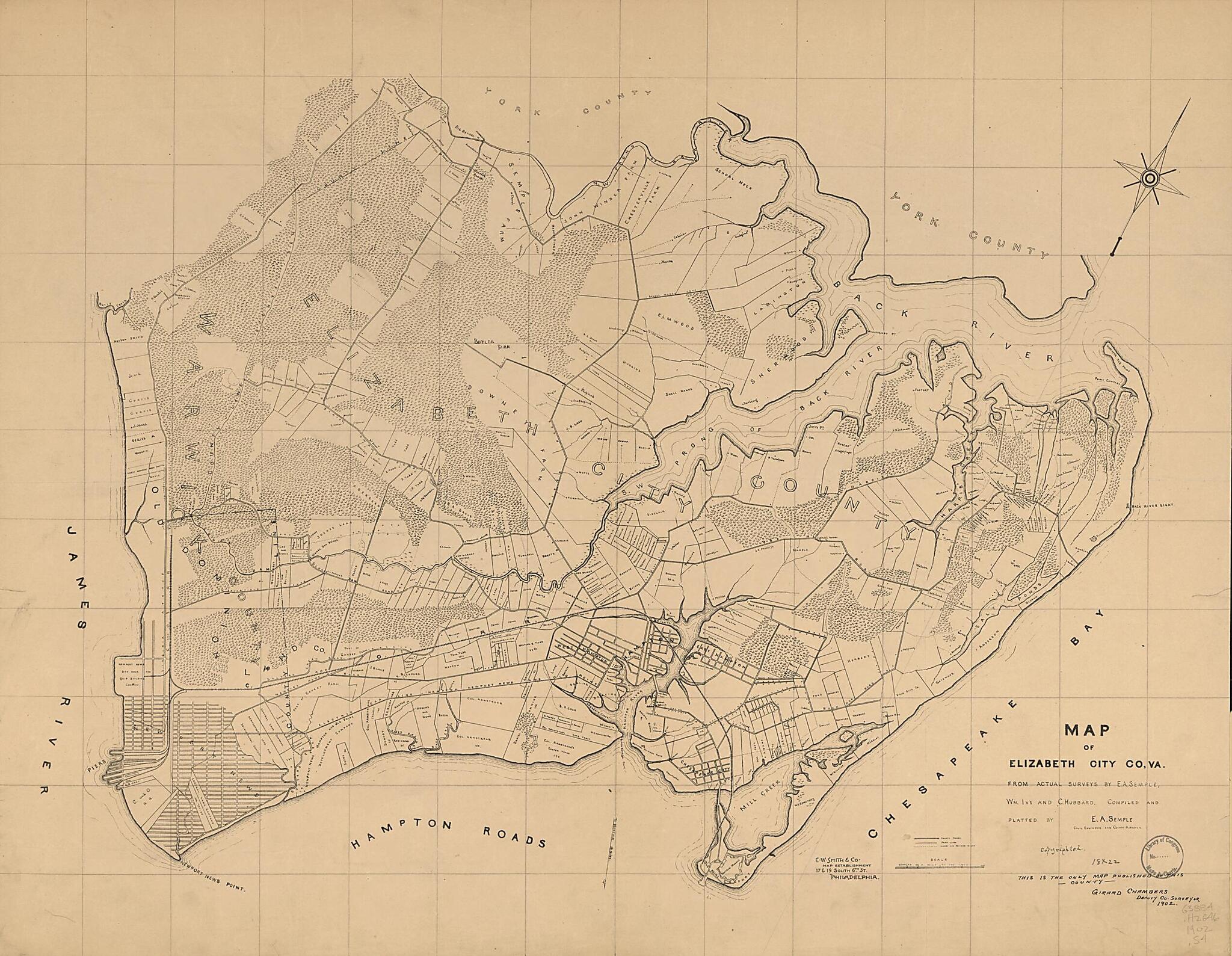This old map of Map of Elizabeth City County, Va. : from Actual Surveys by E.A. Semple, Wm. Ivy and C. Hubbard (Map of Elizabeth City County, Virginia) from 1902 was created by E.W. Smith & Co, C. Hubbard, Wm Ivy, E. A. (Edward Armistead) Semple in 1902
