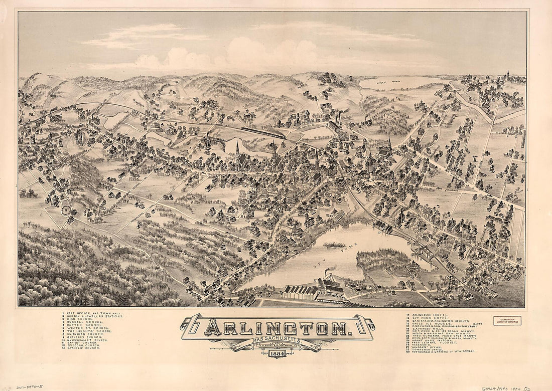 This old map of Arlington, Massachusetts, from 1884 was created by O.H. Bailey & Co in 1884
