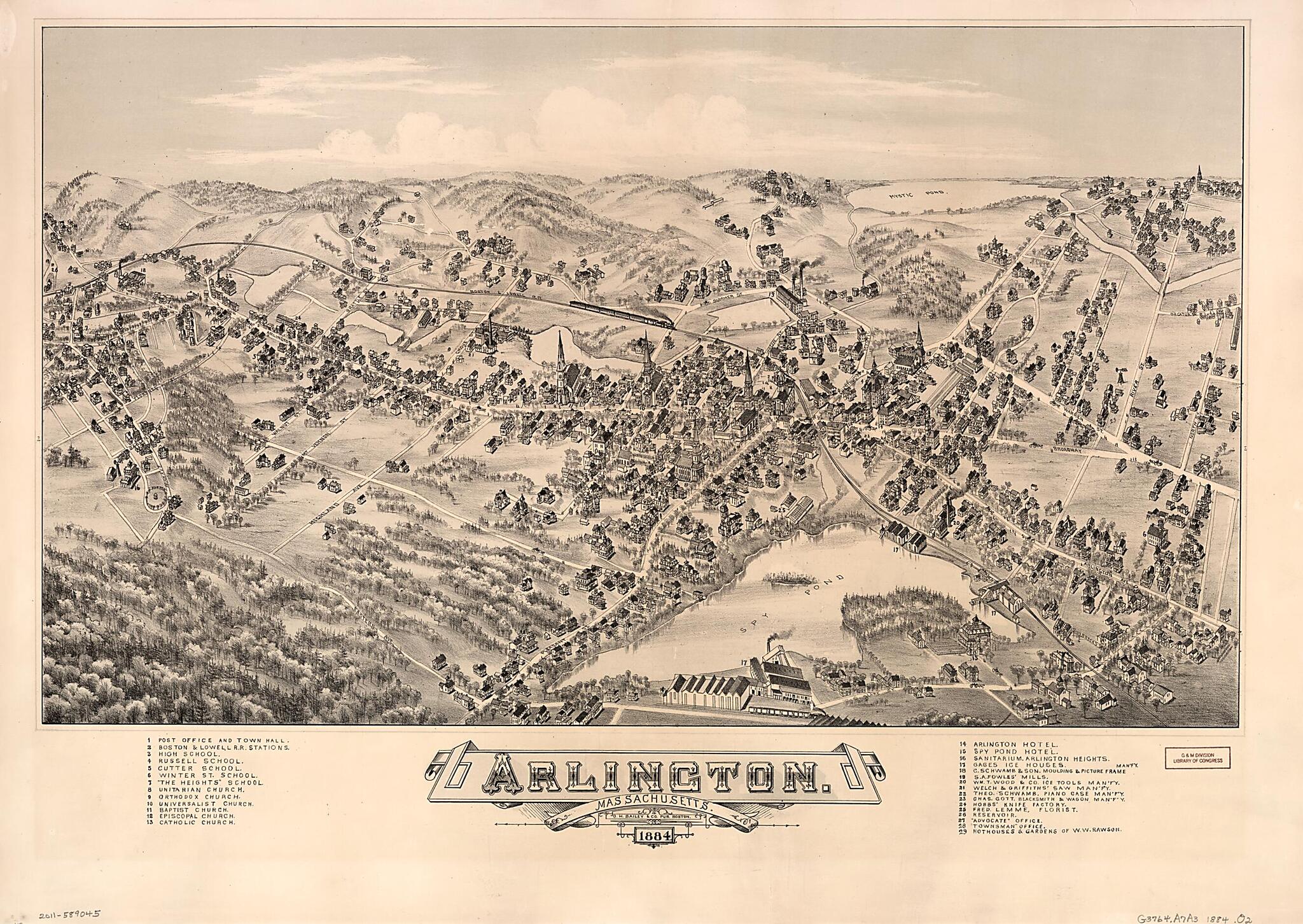 This old map of Arlington, Massachusetts, from 1884 was created by O.H. Bailey & Co in 1884