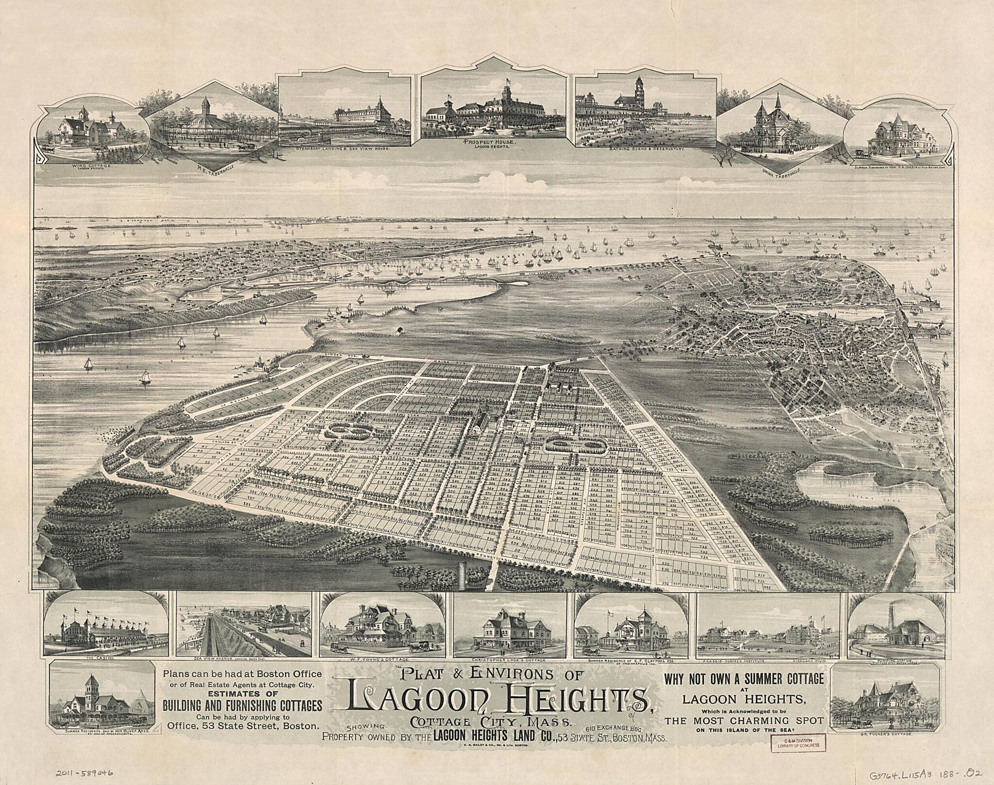 This old map of Plat & Environs of Lagoon Heights, Cottage City, Massachusetts : Showing Property Owned by the Lagoon Heights Land County, 53 State St., 610 Exchange B&
