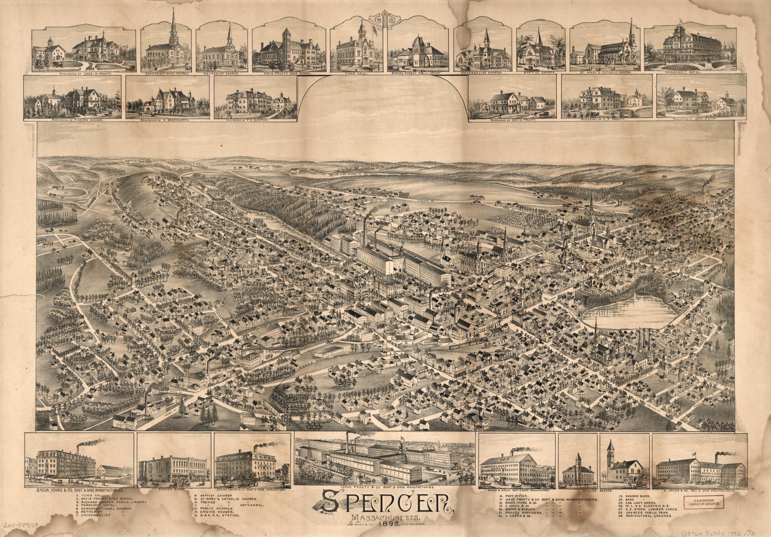 This old map of Spencer, Massachusetts, from 1892 was created by O.H. Bailey & Co in 1892