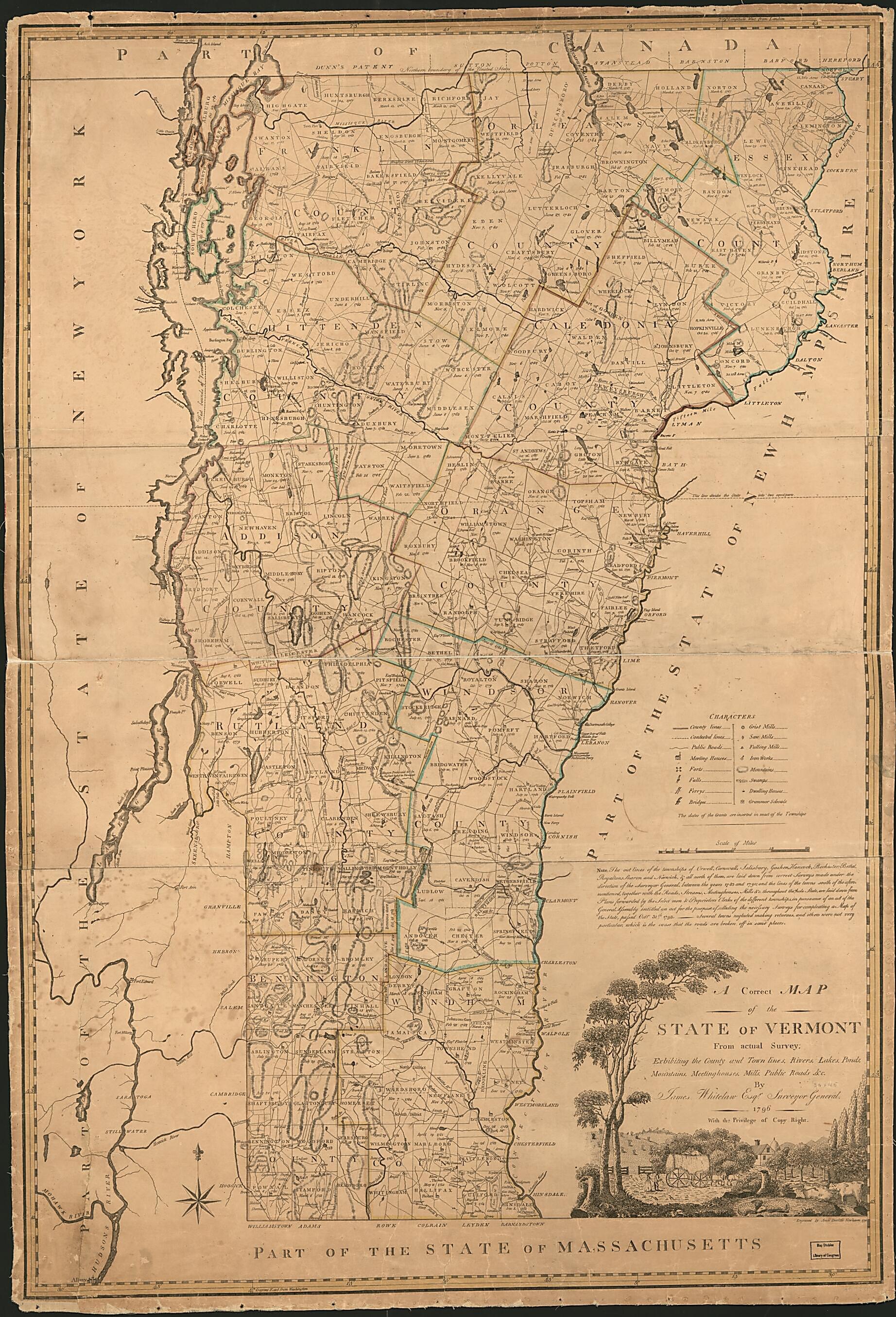 This old map of A Correct Map of the State of Vermont : Exhibiting the County and Town Lines, Rivers, Lakes, Ponds, Mountains, Meetinghouses, Mills, Public Roads &c from 1796 was created by Amos Doolittle, James Whitelaw in 1796