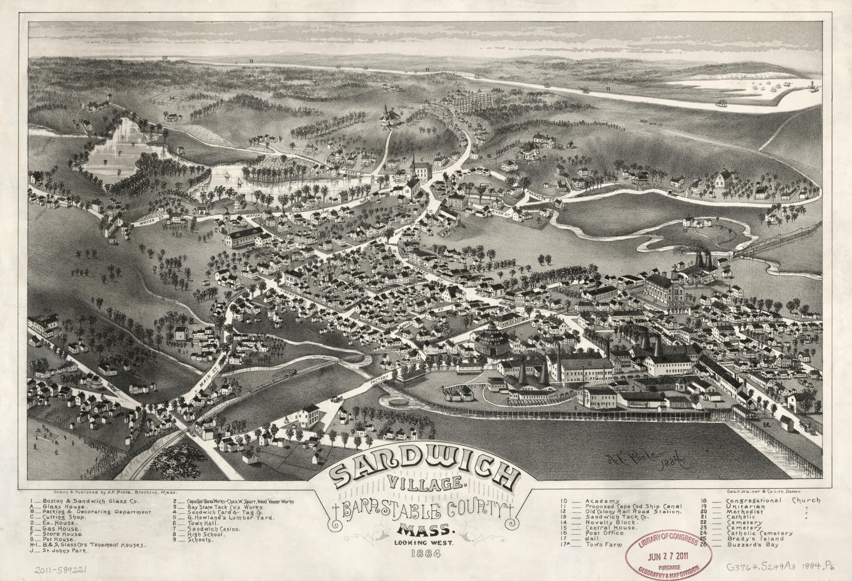 This old map of Sandwich Village, Barnstable County, Massachusetts, Looking West, from 1884 (Sandwich Village, Barnstable County, Massachusetts, Looking West, from 1884) was created by Geo. H. Walker & Co, A. F. Poole in 1884