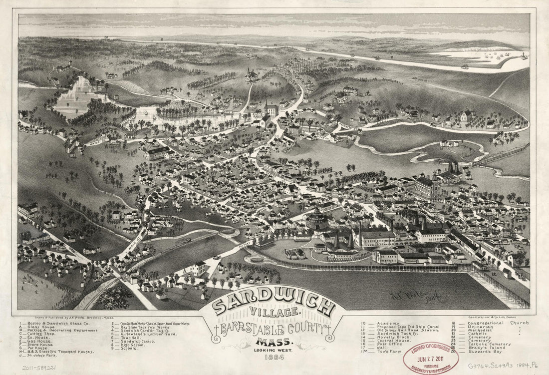 This old map of Sandwich Village, Barnstable County, Massachusetts, Looking West, from 1884 (Sandwich Village, Barnstable County, Massachusetts, Looking West, from 1884) was created by Geo. H. Walker & Co, A. F. Poole in 1884