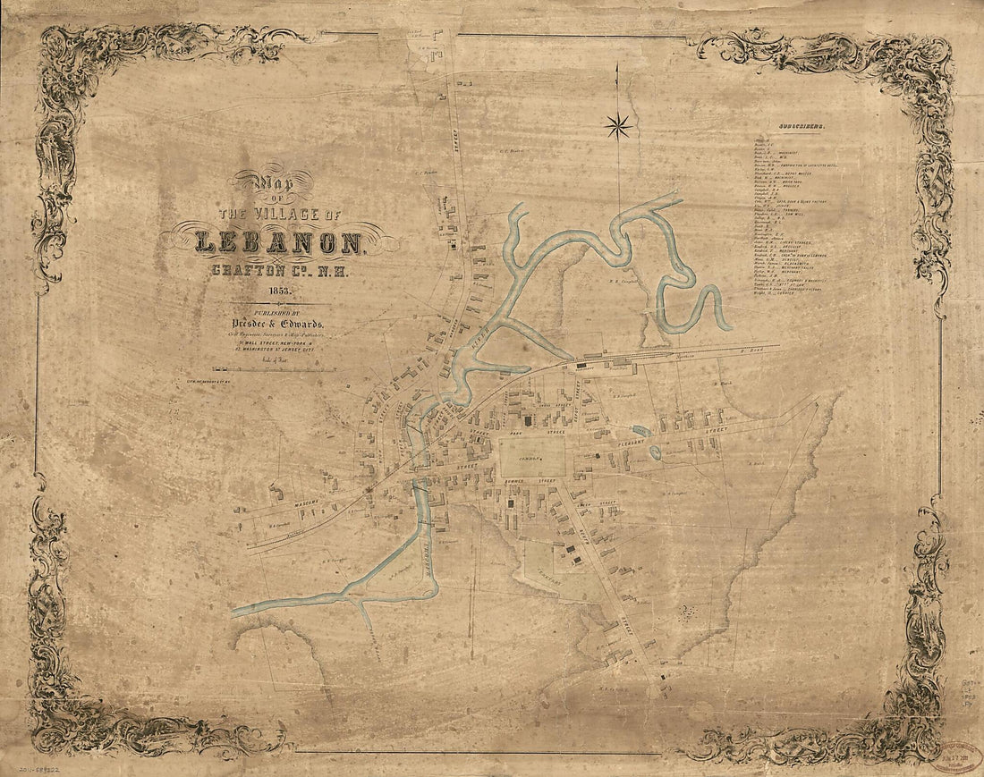 This old map of Map of the Village of Lebanon, Grafton County, New Hampshire, from 1853 was created by Presdee & Edwards, Sarony & Co in 1853