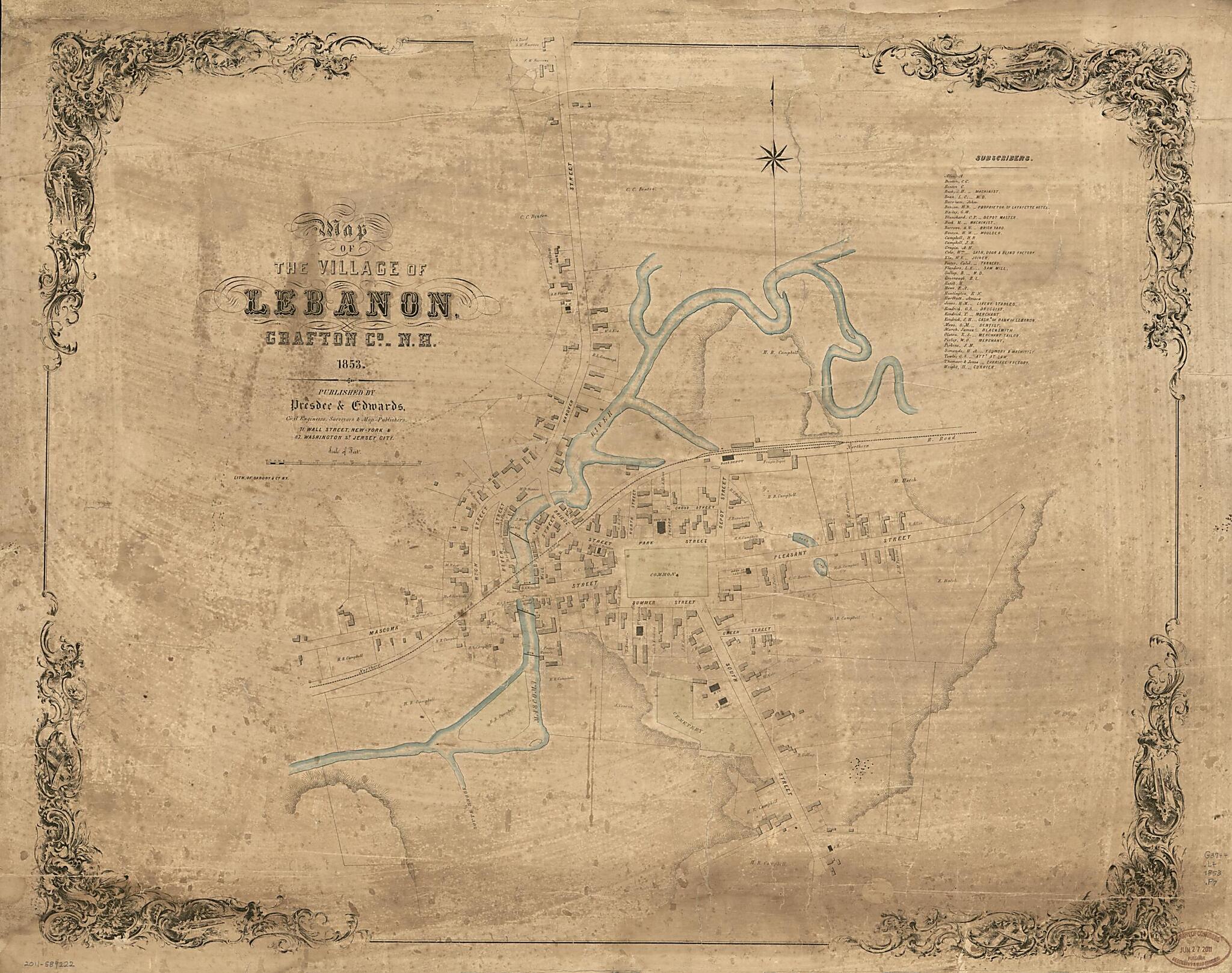 This old map of Map of the Village of Lebanon, Grafton County, New Hampshire, from 1853 was created by Presdee & Edwards, Sarony & Co in 1853
