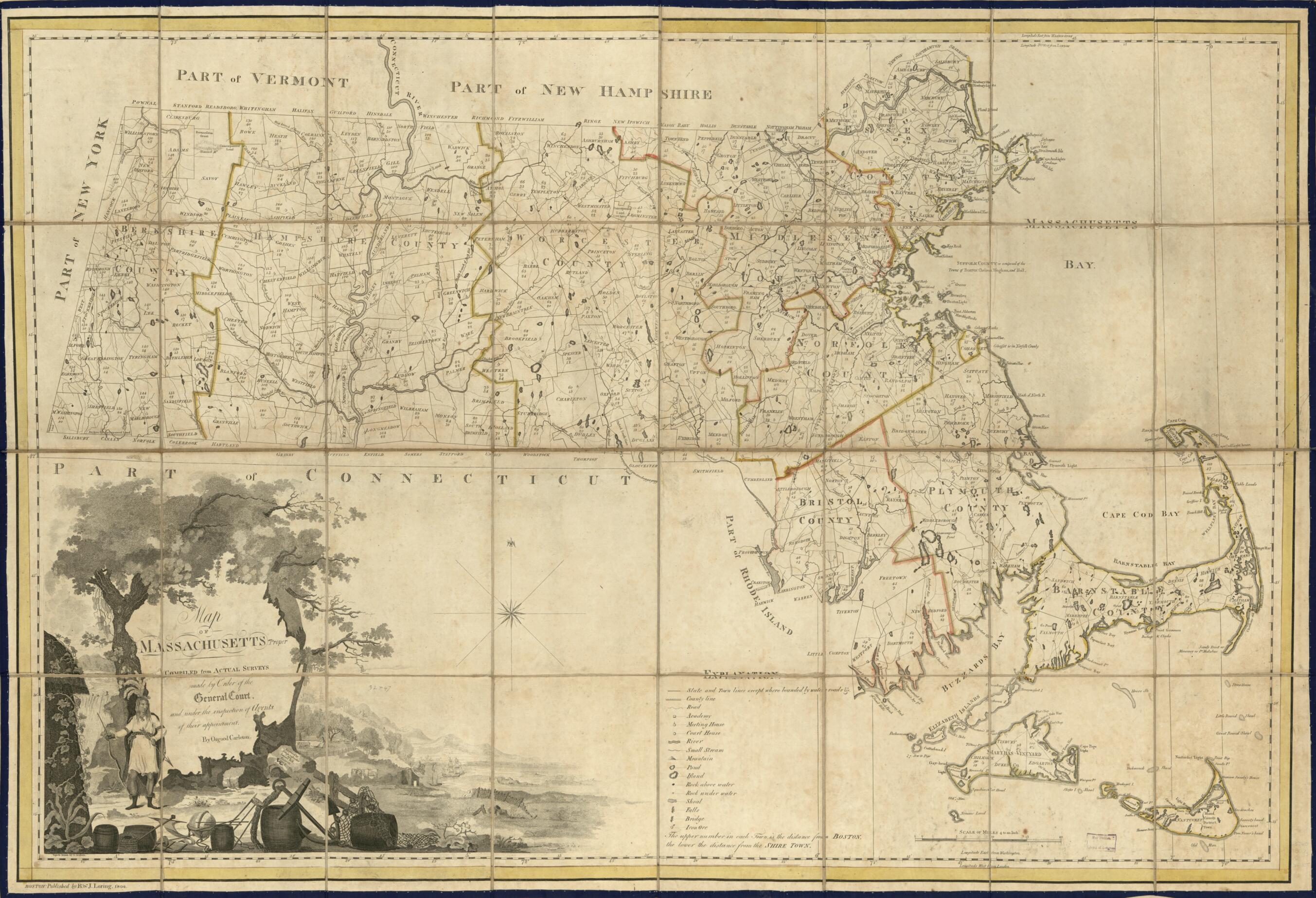 This old map of Map of Massachusetts Proper: Compiled from Actual Surveys Made by Order of the General Court and Under the Inspection of Agents of Their Appointment from 1801 was created by B. & J. Loring, Joseph Callender, Osgood Carleton, Samuel Hill