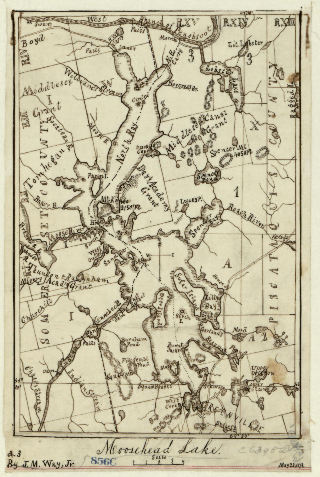 This old map of Moosehead Lake from 1873 was created by J. M. Way in 1873
