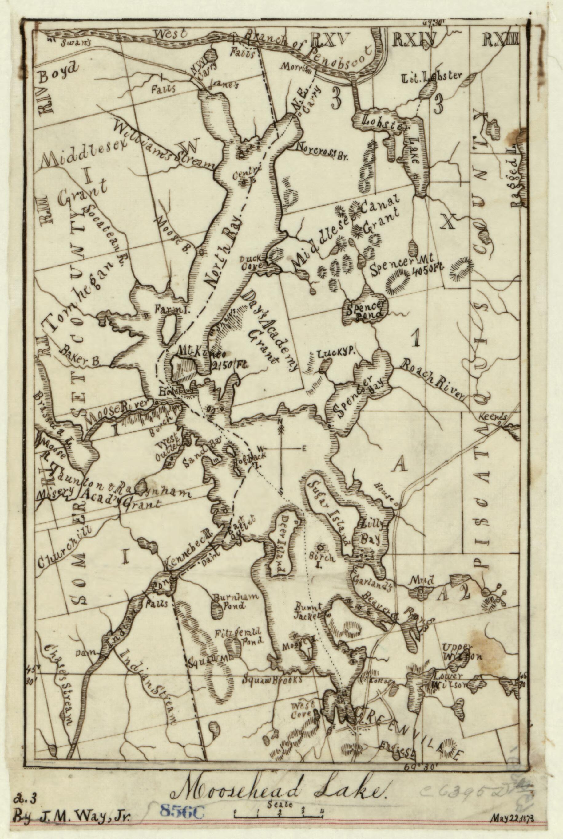 This old map of Moosehead Lake from 1873 was created by J. M. Way in 1873