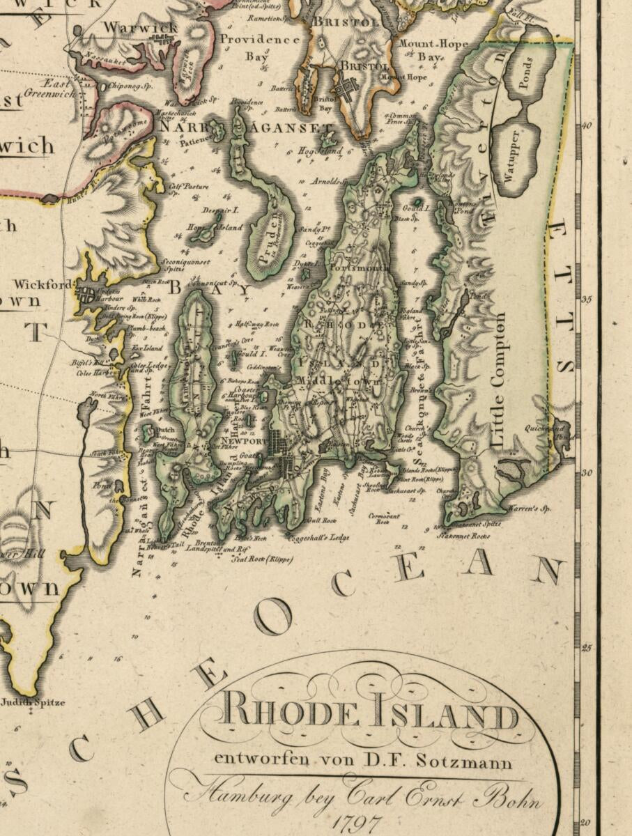 This old map of Rhode Island from 1797 was created by Carl Ernst Bohn, Heinrich Kliewer, D. F. Sotzmann in 1797