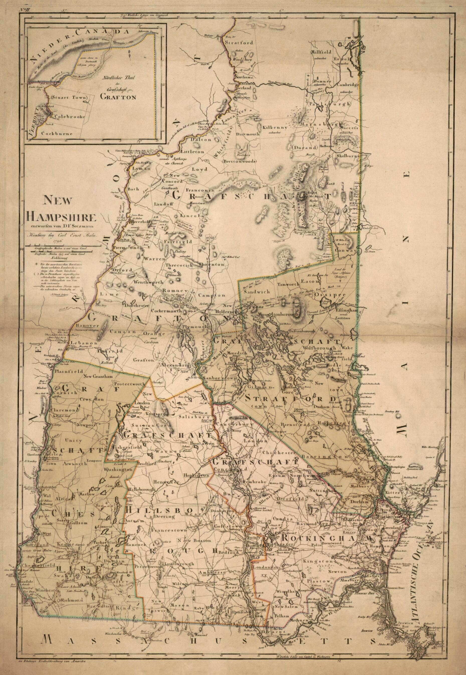 This old map of New Hampshire from 1796 was created by Carl Ernst Bohn, Paulus Schmidt, D. F. Sotzmann in 1796
