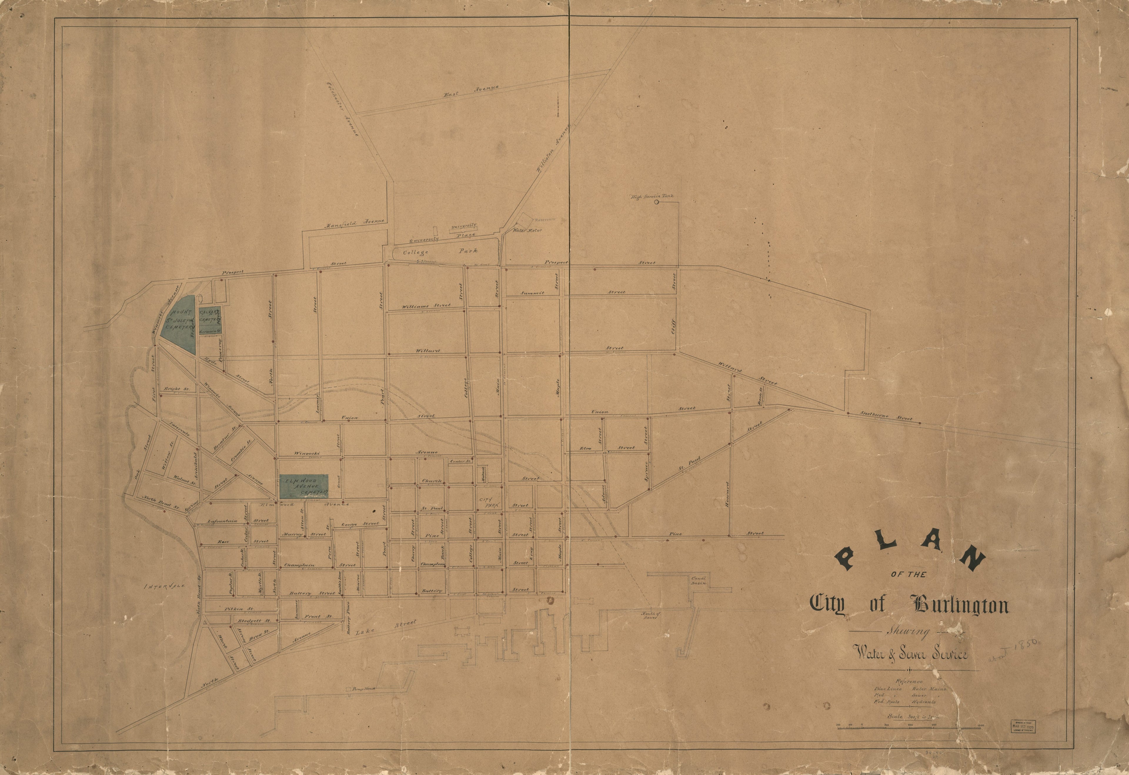 This old map of Plan of the City of Burlington Shewing i.e. Showing Water & Sewer Service from 1850 was created by in 1850