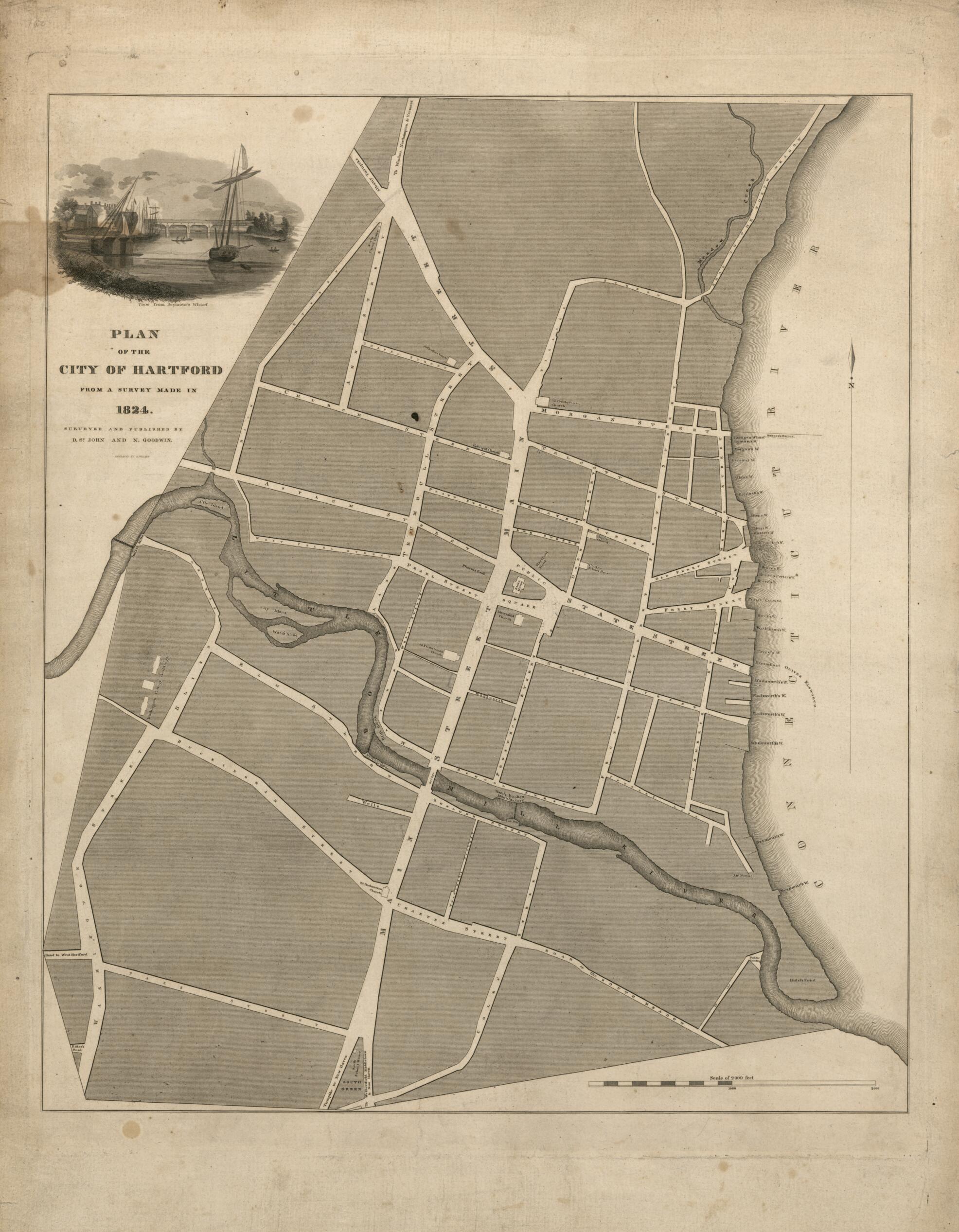 This old map of Plan of the City of Hartford : from a Survey Made In from 1824 was created by D. St. John and N. Goodwin, Asaph Willard in 1824