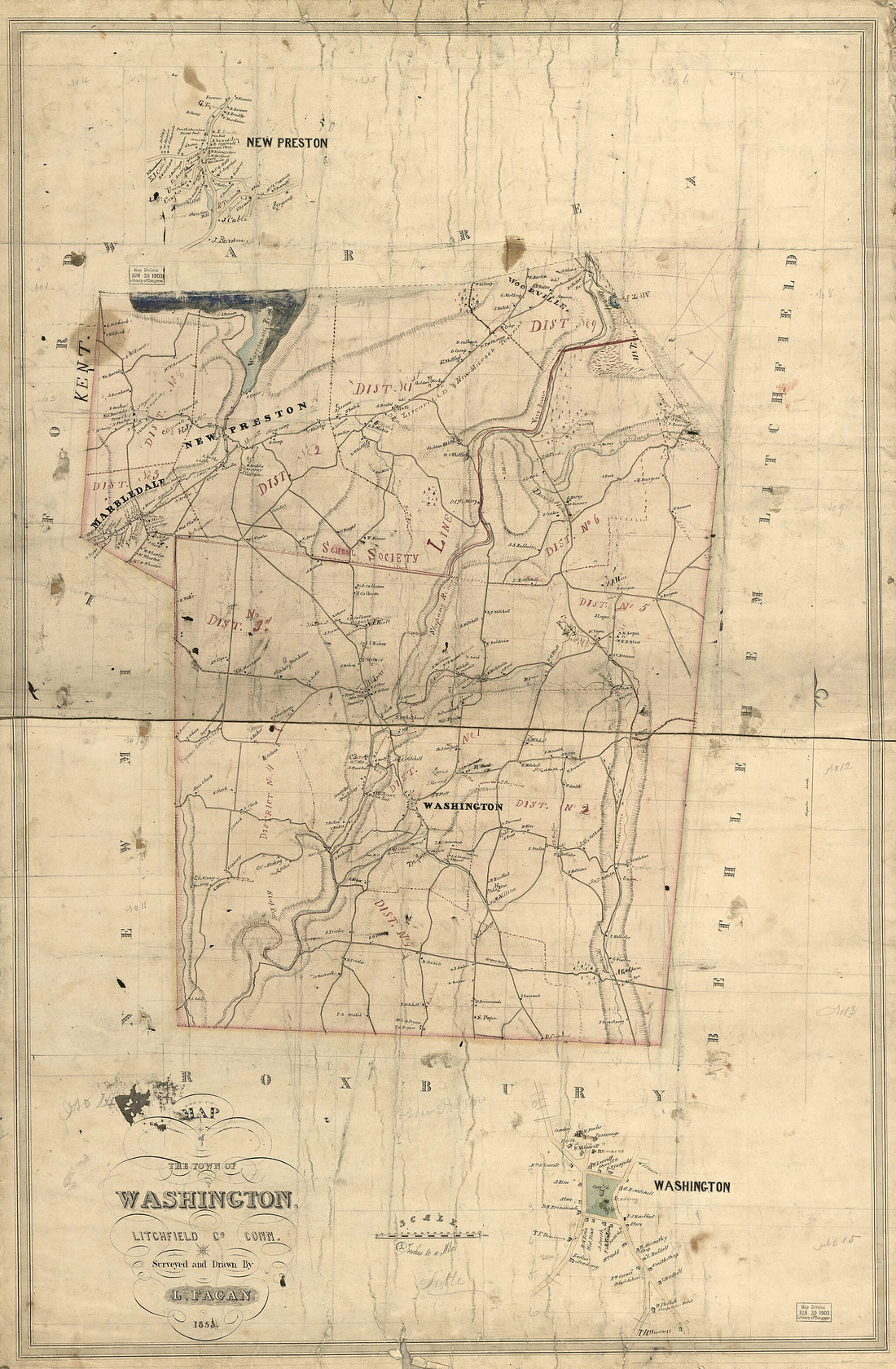 This old map of Map of the Town of Washington, Litchfield County, Connecticut from 1853 was created by L. Fagan in 1853