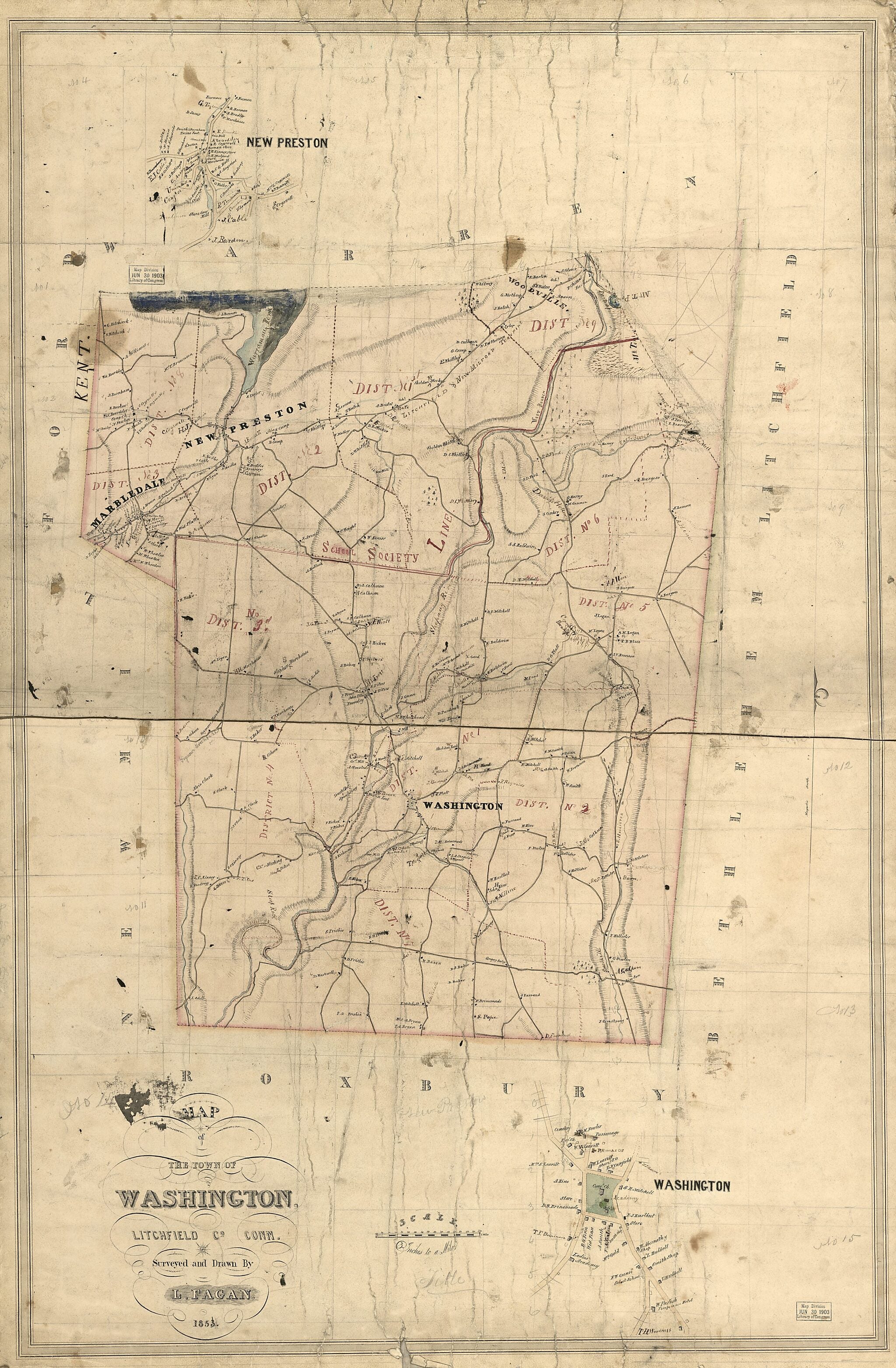 This old map of Map of the Town of Washington, Litchfield County, Connecticut from 1853 was created by L. Fagan in 1853