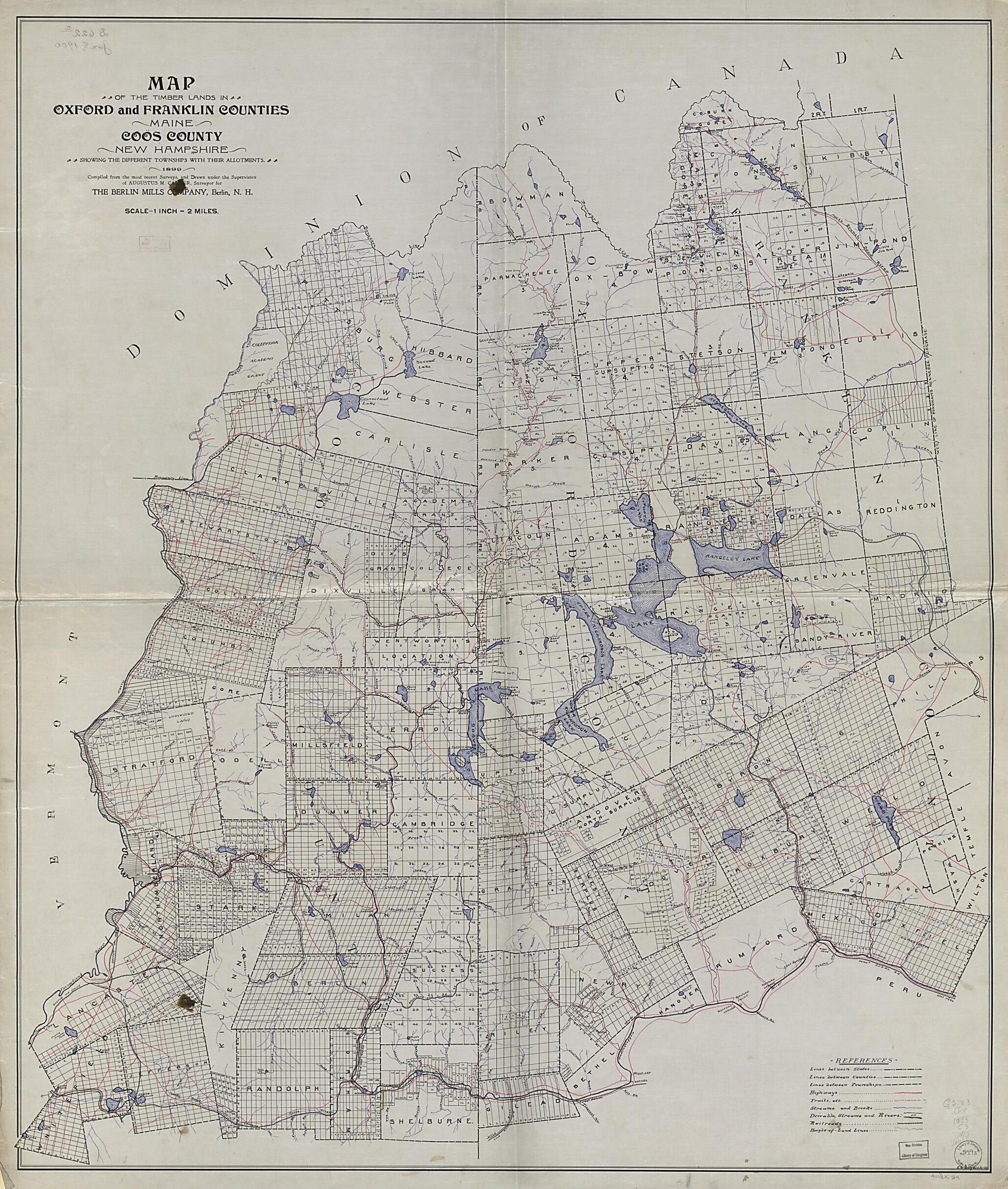 This old map of Map of the Timber Lands In Oxford and Franklin Counties, Maine, Coos County, New Hampshire : Showing the Different Townships With Their Allotments, from 1899 was created by Berlin Mills Company, E. S. Bryant, Augustus M. Carter in 1899