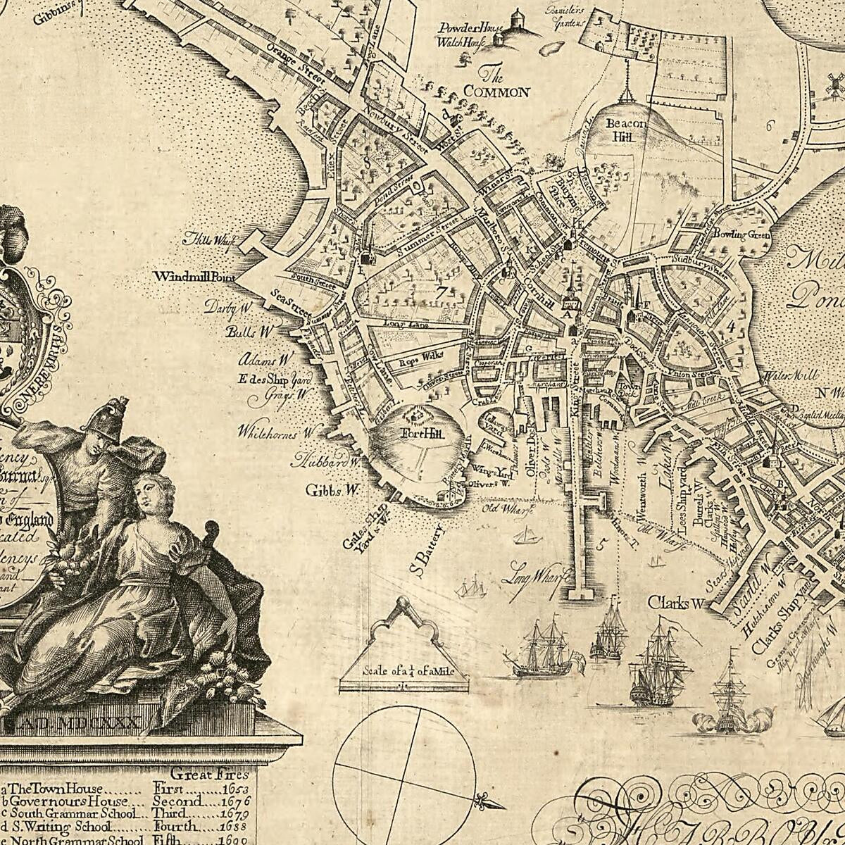 This old map of To His Excellency William Burnet, Esqr., This Plan of Boston In New England Is Humbly Dedicated by His Excellencys Most Obedient and Humble Servant Will Burgiss from 1728 was created by William Burgis, Thos Johnson in 1728