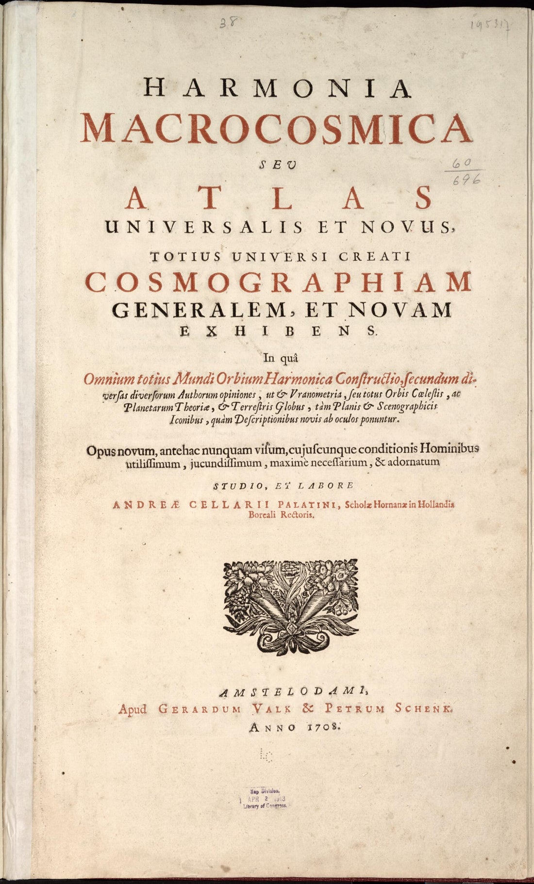 This old map of Harmonia Macrocosmica, Seu, Atlas Universalis Et Novus, Totius Universi Creati Cosmographiam Generalem, Et Novam Exhibens : In Quâ Omnium Totius Mundi Orbium Harmonica Constructio, Secundum Diversas Diversorum Authorum Opioniones, Ut Et