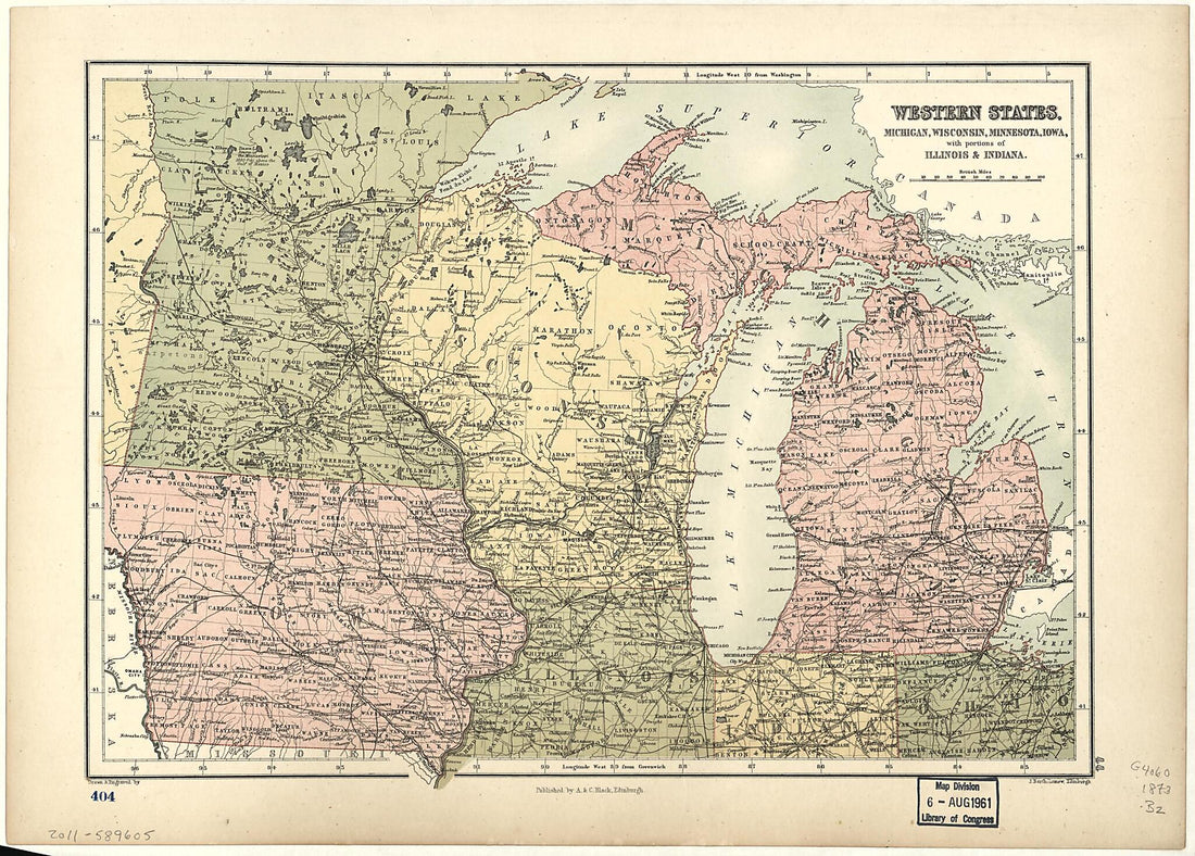 This old map of Western States, Michigan, Wisconsin, Minnesota, Iowa : With Portions of Illinois & Indiana from 1873 was created by Adam and Charles Black (Firm), John Bartholomew in 1873
