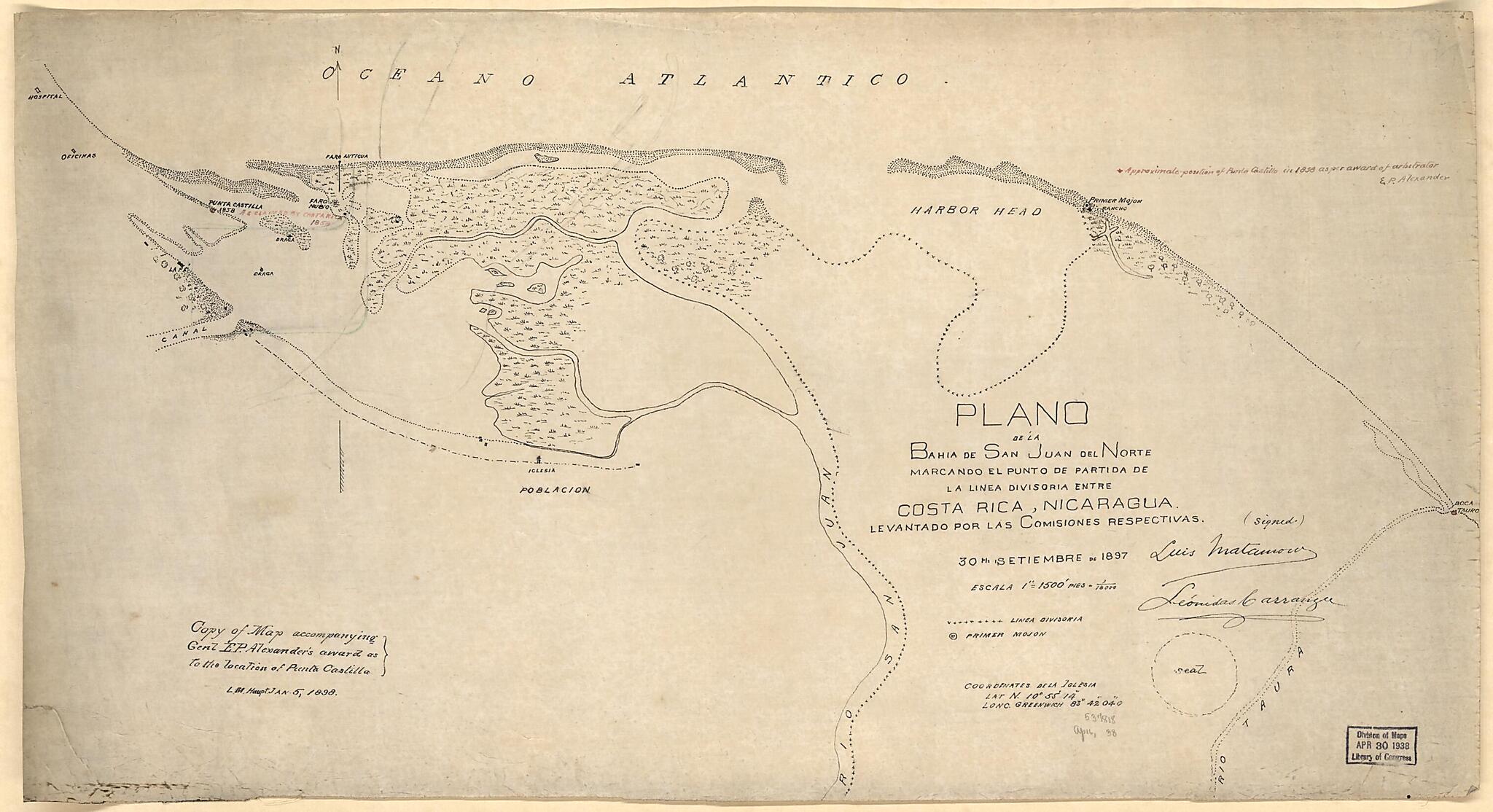 This old map of Plano De La Bahia De San Juan Del Norte, Marcando El Punto De Partida De La Linea Divisoria Entre Costa Rica, Nicaragua. Levantado Por Las Comisiones Respectivas from 1898 was created by Lewis M. (Lewis Muhlenberg) Haupt in 1898