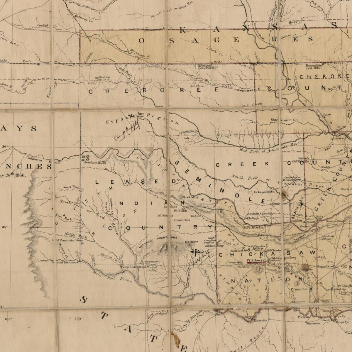 This old map of Indian Territory, With Part of the Adjoining State of Kansas, &c from 1866 was created by  United States. Army. Corps of Topographical Engineers in 1866