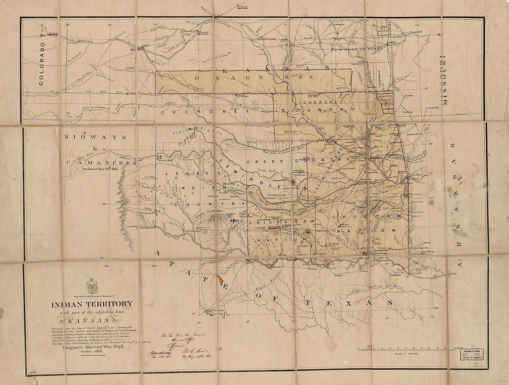 This old map of Indian Territory, With Part of the Adjoining State of Kansas, &c from 1866 was created by  United States. Army. Corps of Topographical Engineers in 1866