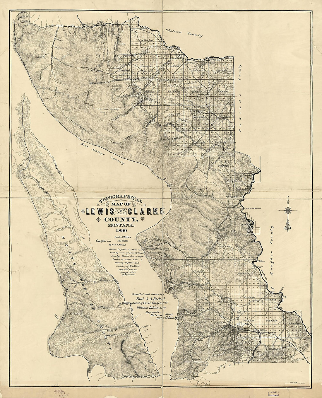 This old map of Topographical Map of Lewis and Clarke County, Montana, from 1890 was created by Paul S. A. Bickel, William D. Rumsey in 1890