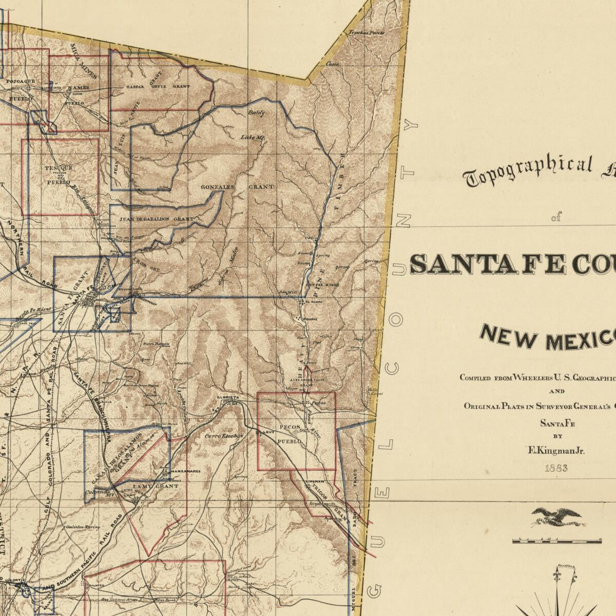 This old map of Topographical Map of Santa Fe County, New Mexico from 1883 was created by E. Kingman in 1883