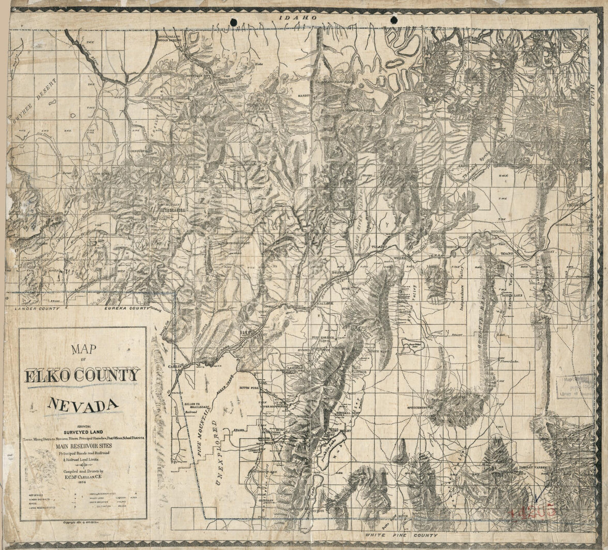 Map of Elko County, Nevada : Showing: Surveyed Land, Towns, Mining Districts, Streams, Rivers, Principal Ranches, Post Offices, School Districts, Main Reservoir Sites, Principal Roads and Railroad & Railroad Land Limits 1894 by Relic Map Company
