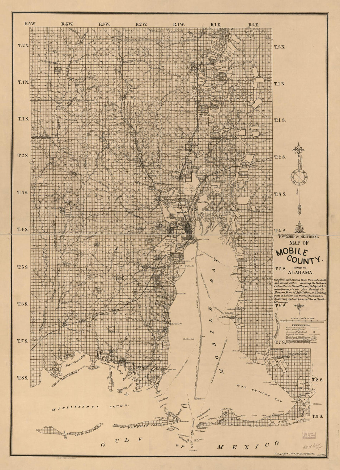 This old map of Township and Sectional Map of Mobile County, State of Alabama : Compiled and Drawn from the Most Reliable and Recent Data : Showing the Railroads, Public Roads, School Houses, Old Spanish & Other Grants, Etc., Etc from 1895 was created by