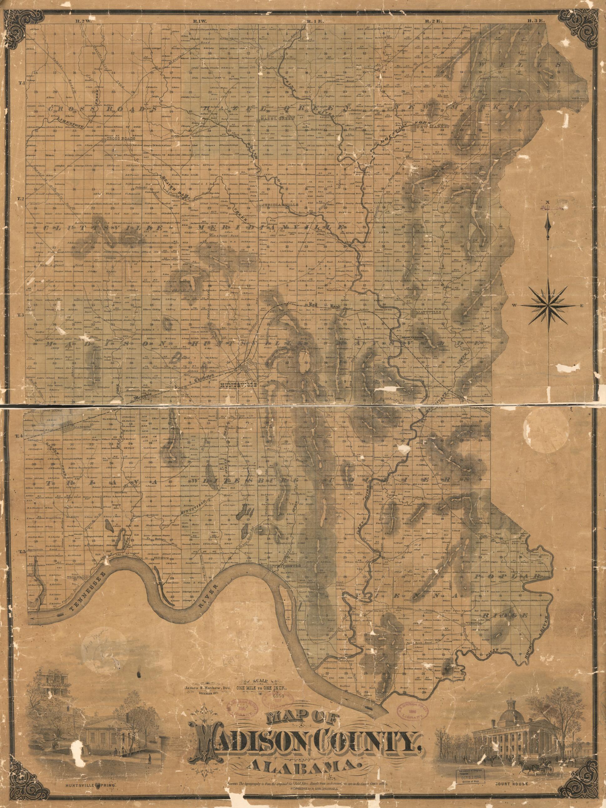 This old map of Map of Madison County, Alabama from 1875 was created by James H. Mayhew, Strobridge & Co. Lith in 1875