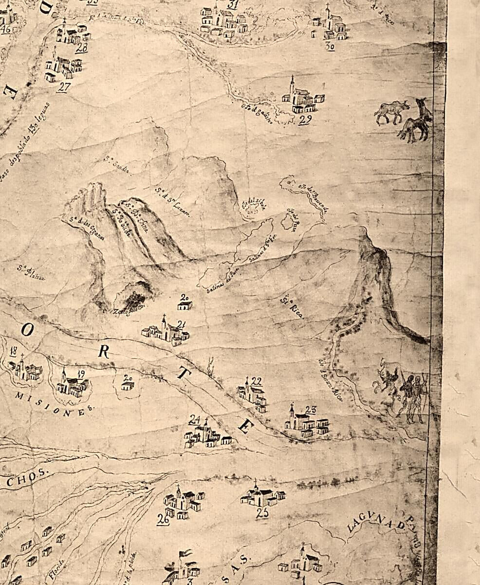 This old map of Travajo Personal Que En La Inspesion De Esta Corta Obra Tubo El Ro. Pe. F. Juan Miguel Menchero Como Visitador General De La Nueva Mexico Y Lo Dedica a El Exmo. Sr. Dn. Juan Franco. Guemes Y Orcasitas Virrei, Gobernador Y Capitan General