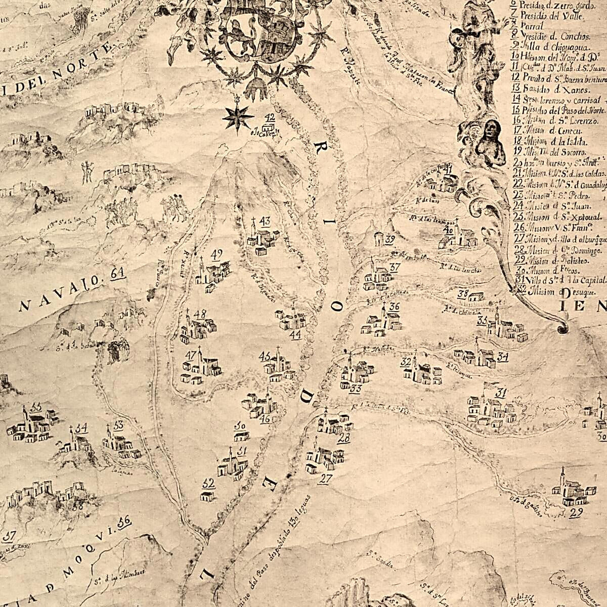 This old map of Travajo Personal Que En La Inspesion De Esta Corta Obra Tubo El Ro. Pe. F. Juan Miguel Menchero Como Visitador General De La Nueva Mexico Y Lo Dedica a El Exmo. Sr. Dn. Juan Franco. Guemes Y Orcasitas Virrei, Gobernador Y Capitan General