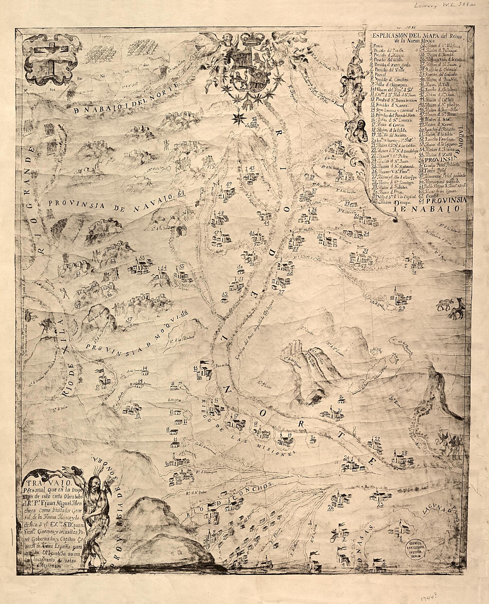 This old map of Travajo Personal Que En La Inspesion De Esta Corta Obra Tubo El Ro. Pe. F. Juan Miguel Menchero Como Visitador General De La Nueva Mexico Y Lo Dedica a El Exmo. Sr. Dn. Juan Franco. Guemes Y Orcasitas Virrei, Gobernador Y Capitan General