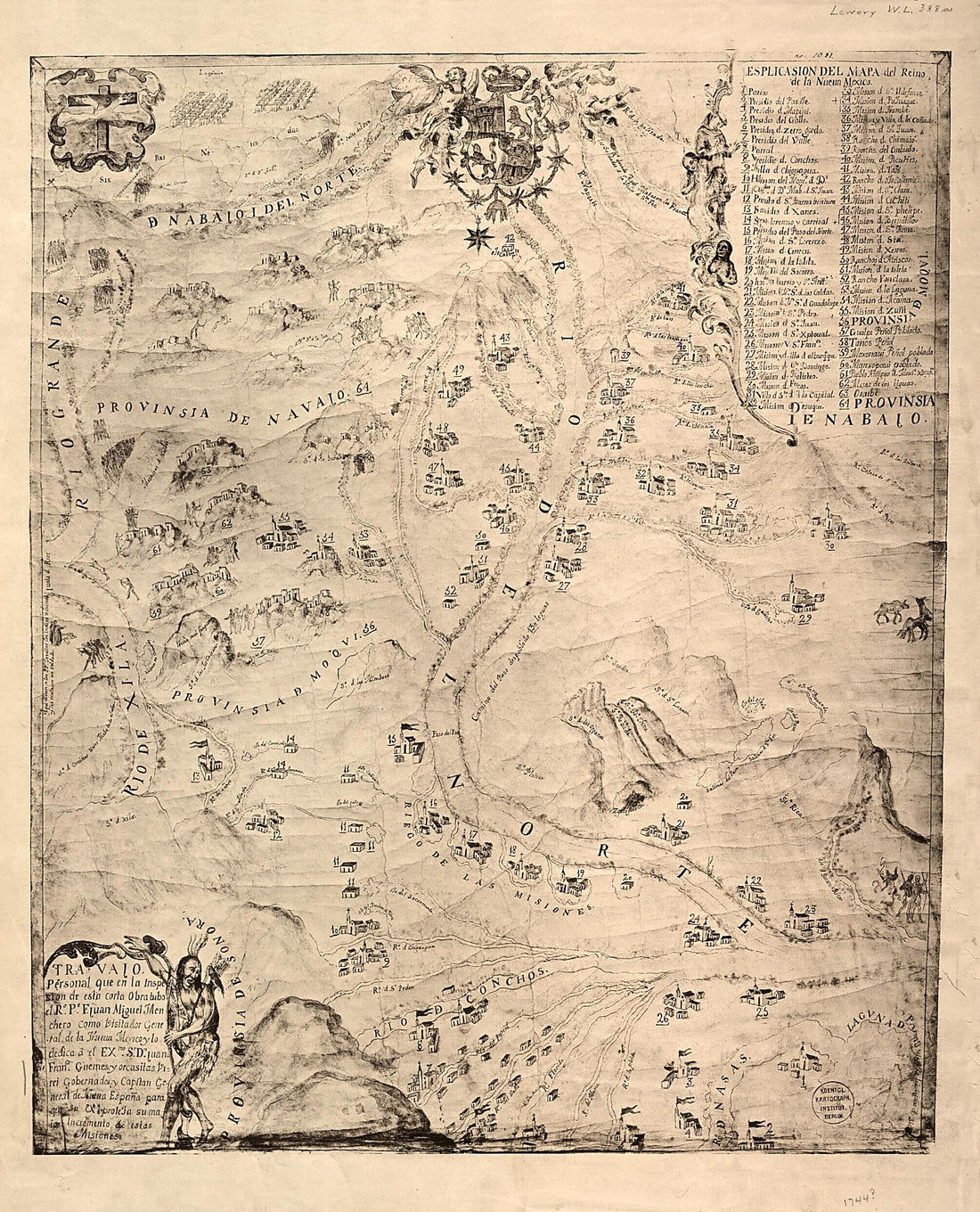 This old map of Travajo Personal Que En La Inspesion De Esta Corta Obra Tubo El Ro. Pe. F. Juan Miguel Menchero Como Visitador General De La Nueva Mexico Y Lo Dedica a El Exmo. Sr. Dn. Juan Franco. Guemes Y Orcasitas Virrei, Gobernador Y Capitan General